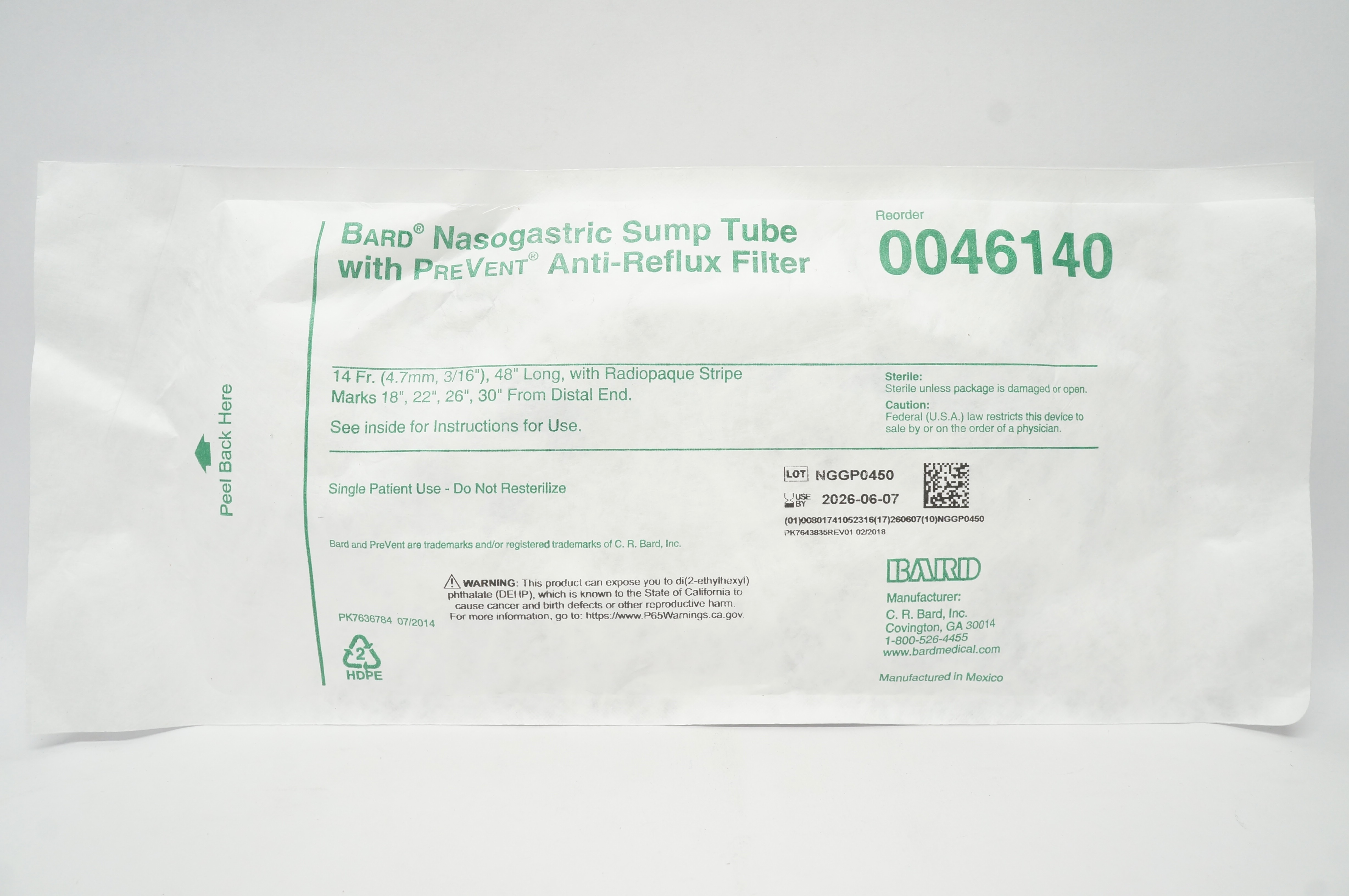 Bard 0046140 Nasogastric Sump Tube with PreVent Anti-Reflux Filter 14Fr x 48inch