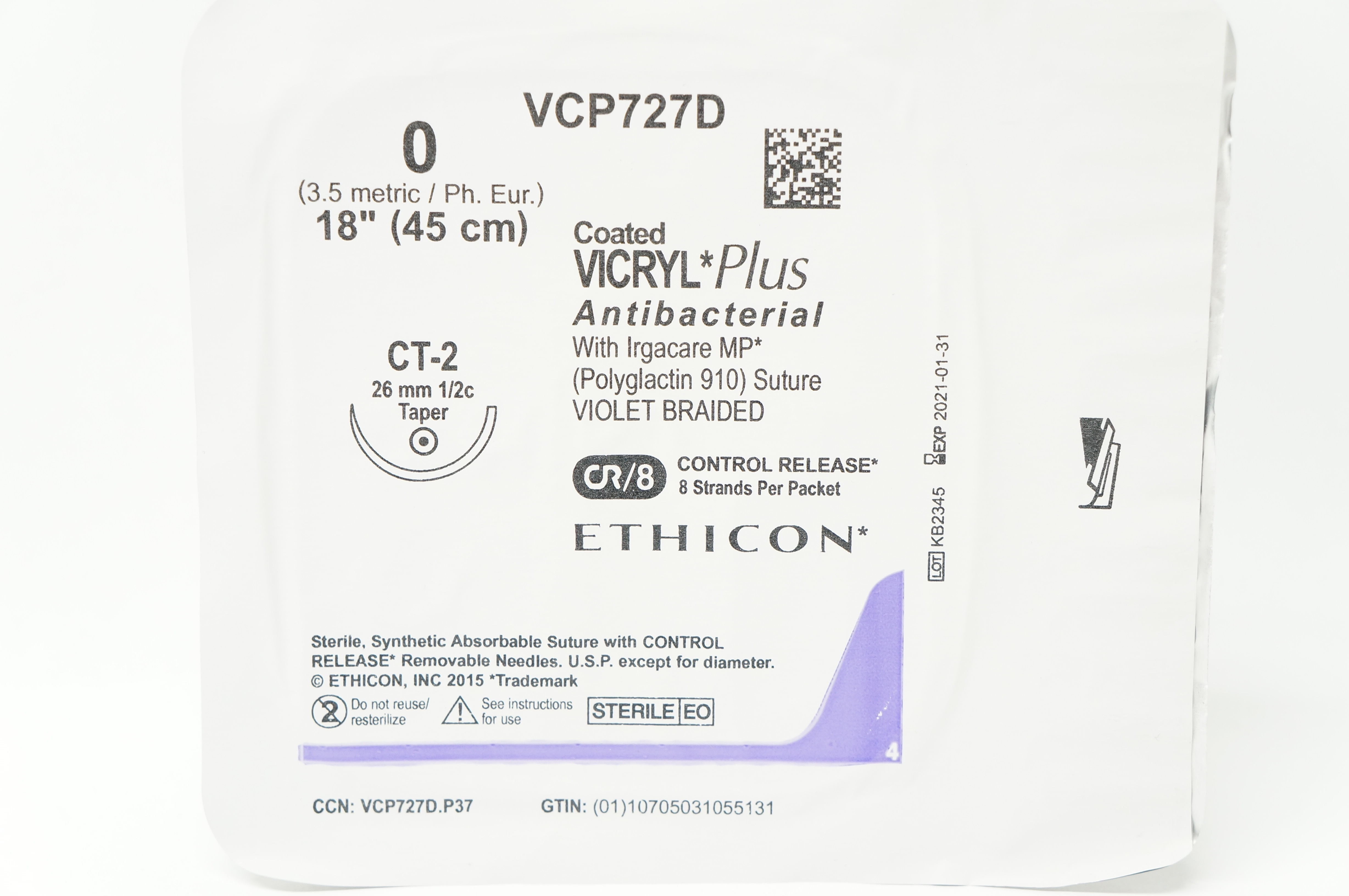 Ethicon VCP727D 0 Coated VICRYL Plus Stre CT-2 26mm 1/2c Taper 18inch (x)