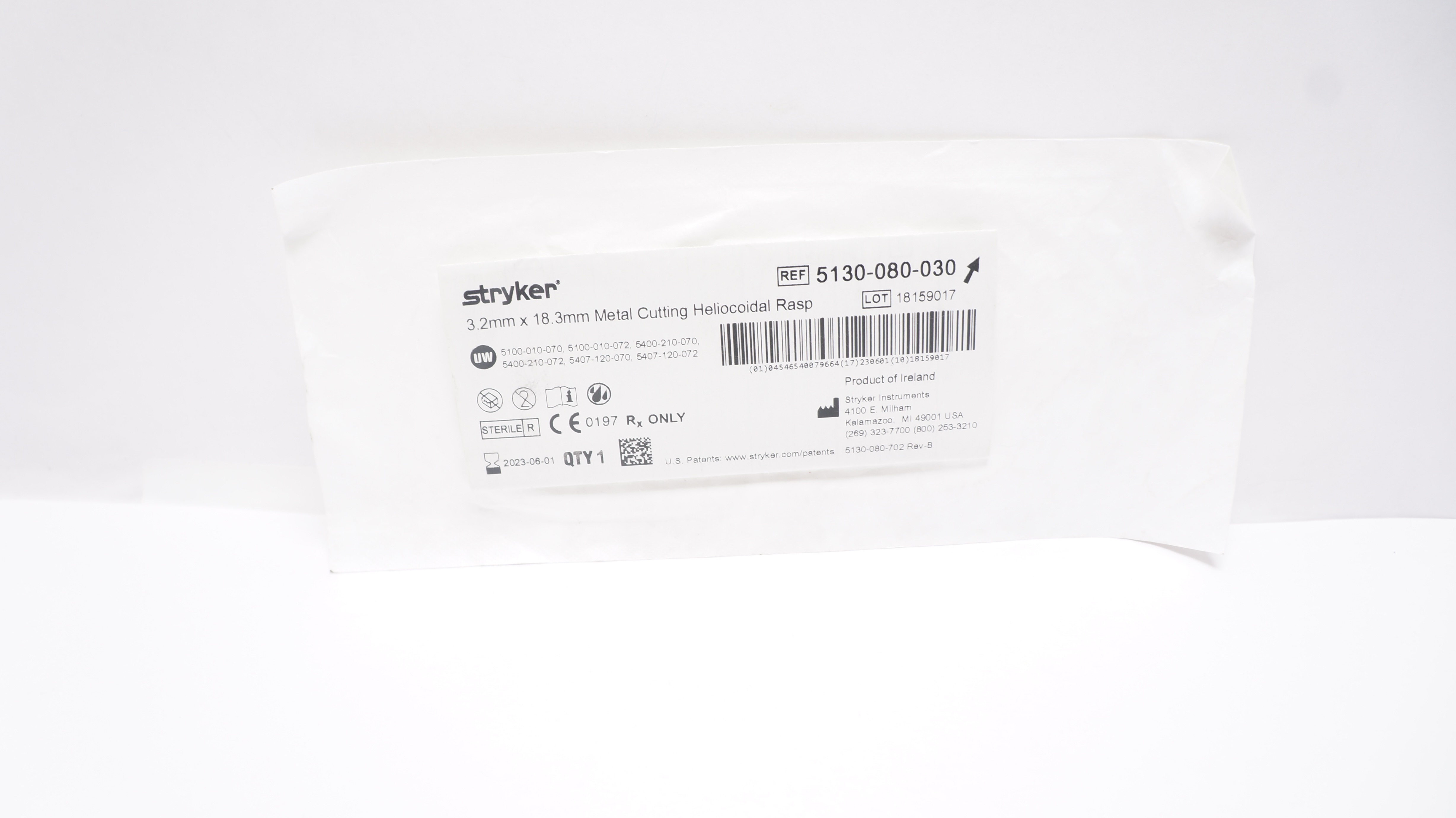 Stryker 5130-080-030 Metal Cutting Heliocoidal Rasp 3.2mm x 18.3mm (x)
