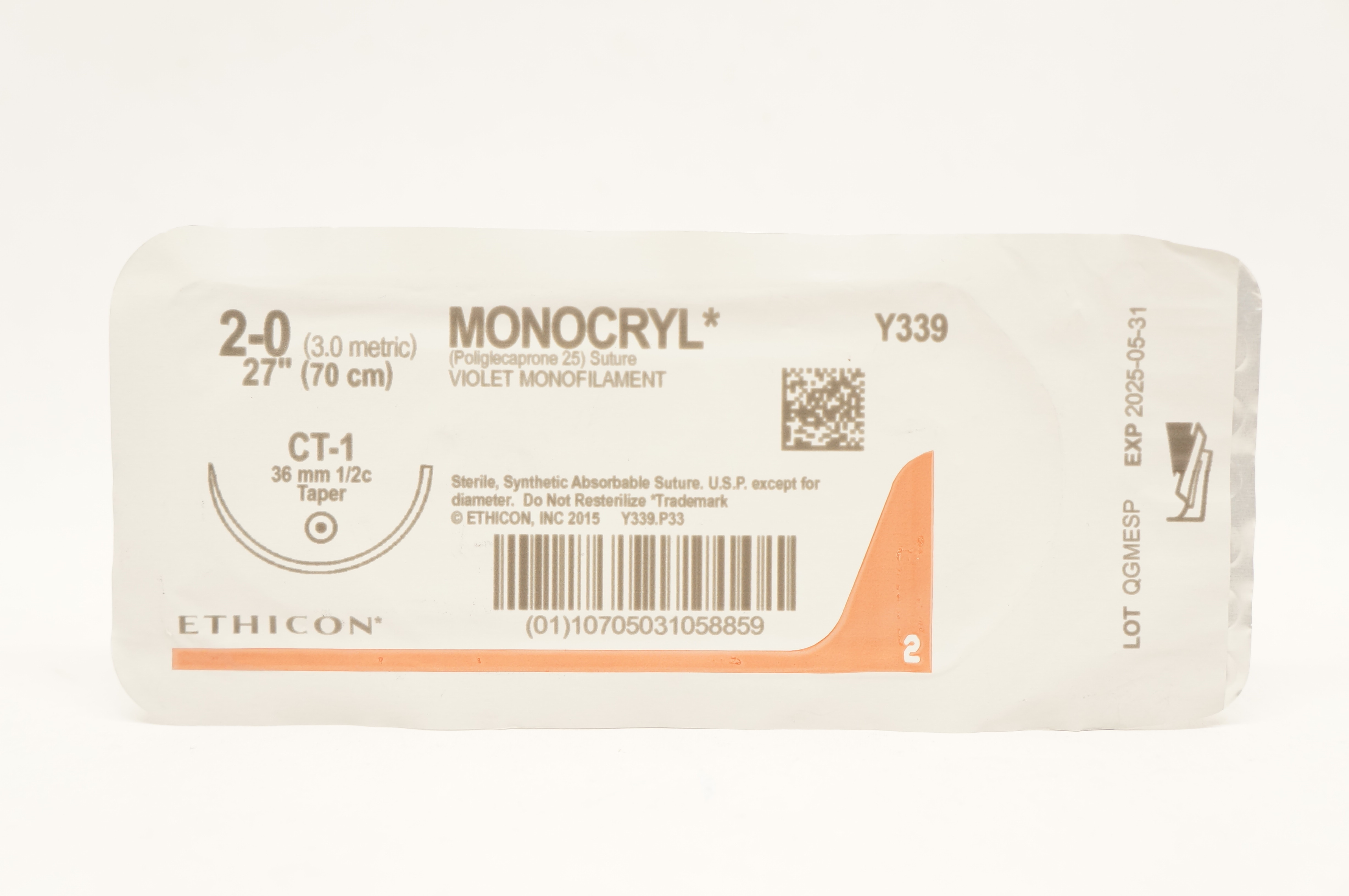 Ethicon Y339 2-0 MONOCRYL, CT-1, 36mm 1/2c Taper, 27inch