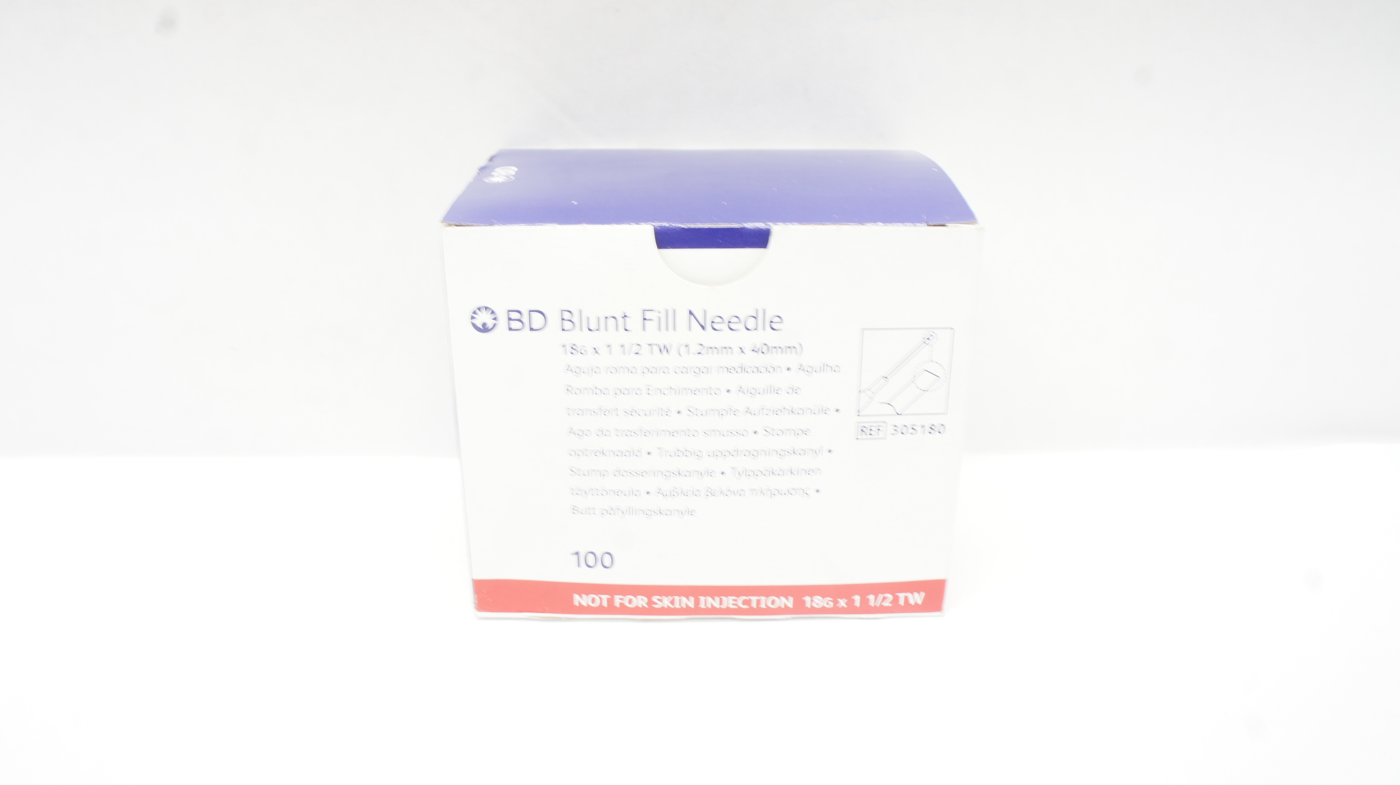 BD 305180 Blunt Fill Ndle Not For Skin Injecton 18G x 1 1/2 TW - Box of 100