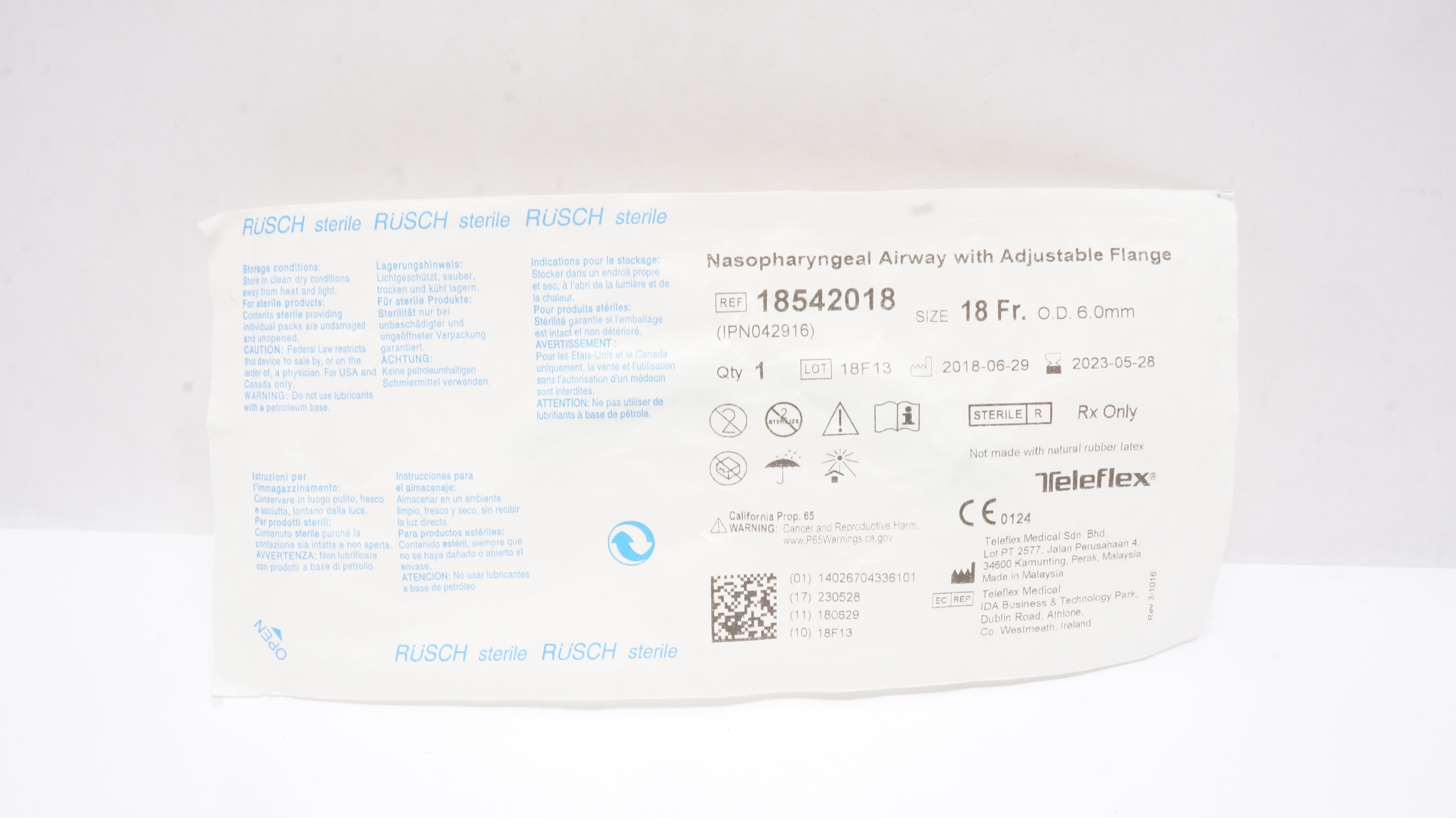 Teleflex 18542018 Nasopharyngeal Airway w/Adjustable Flange 18Fr x 6.0mm OD(x)