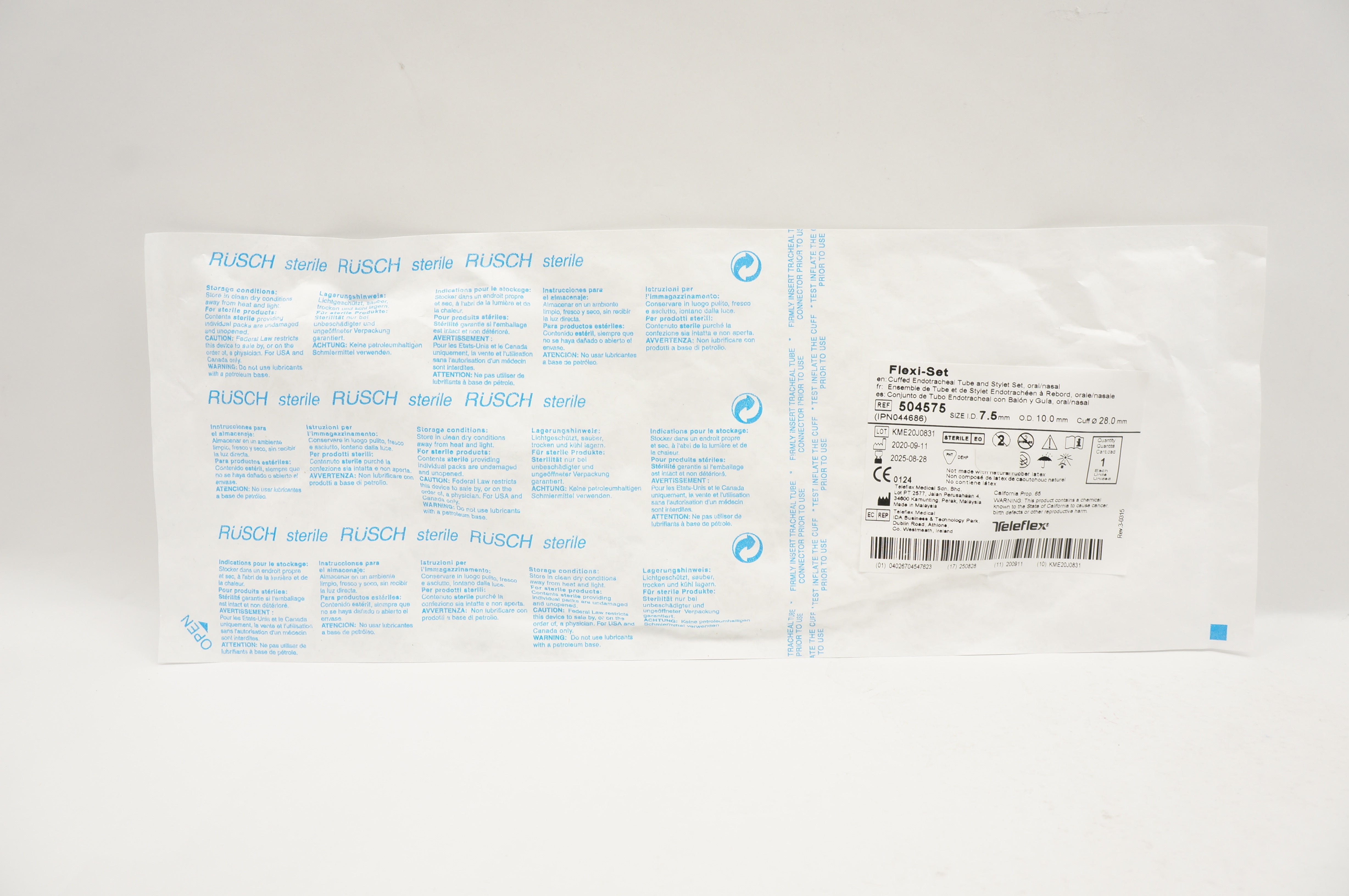 Teleflex 504575 Cuffed Endotracheal Tube & Stylet Set 7.5ID x 10.0mmOD x 28.0mm