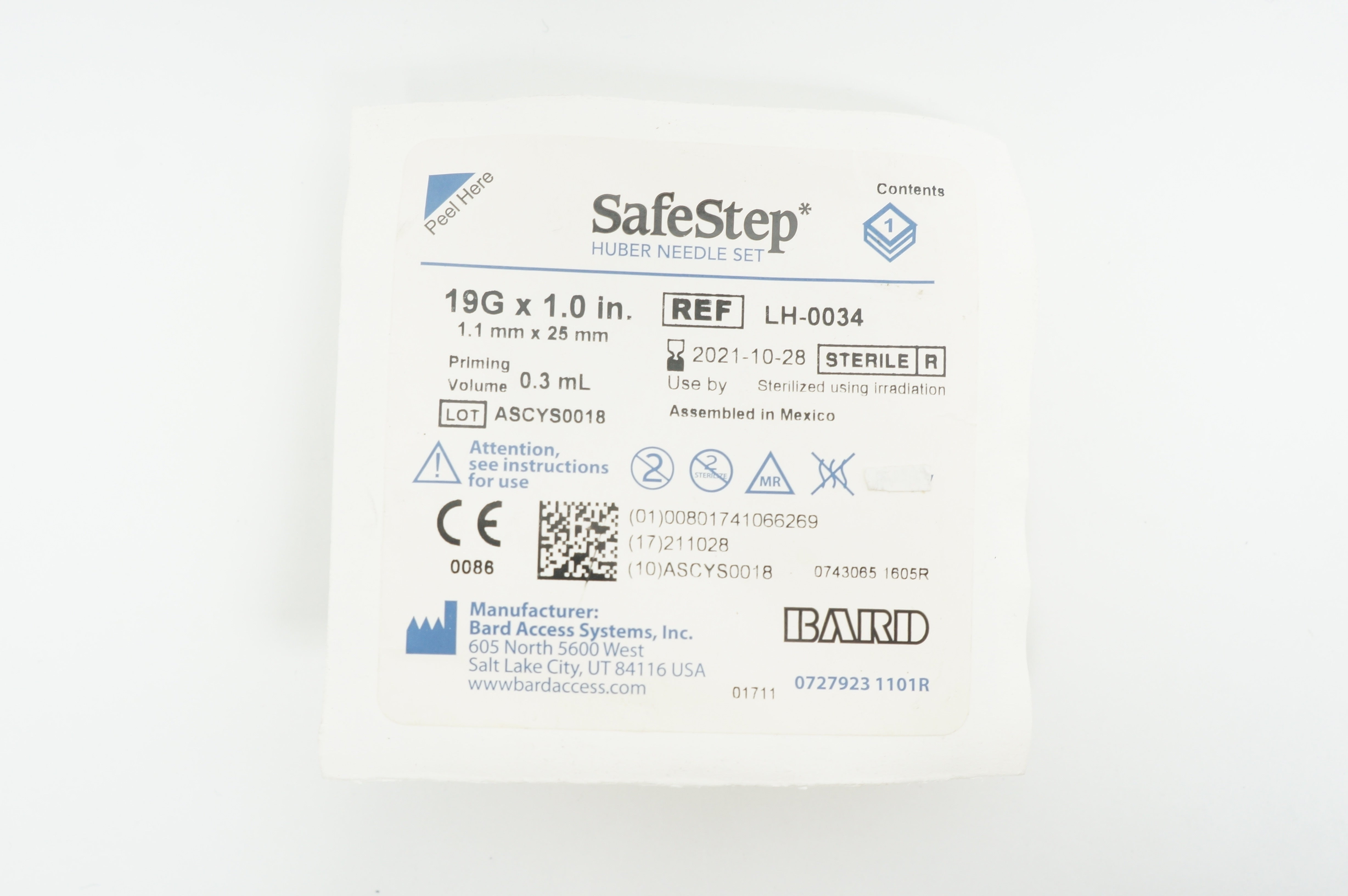 Bard LH-0034 SafeStep Huber Ndle Set 19G x 1.0inch 0.3mL