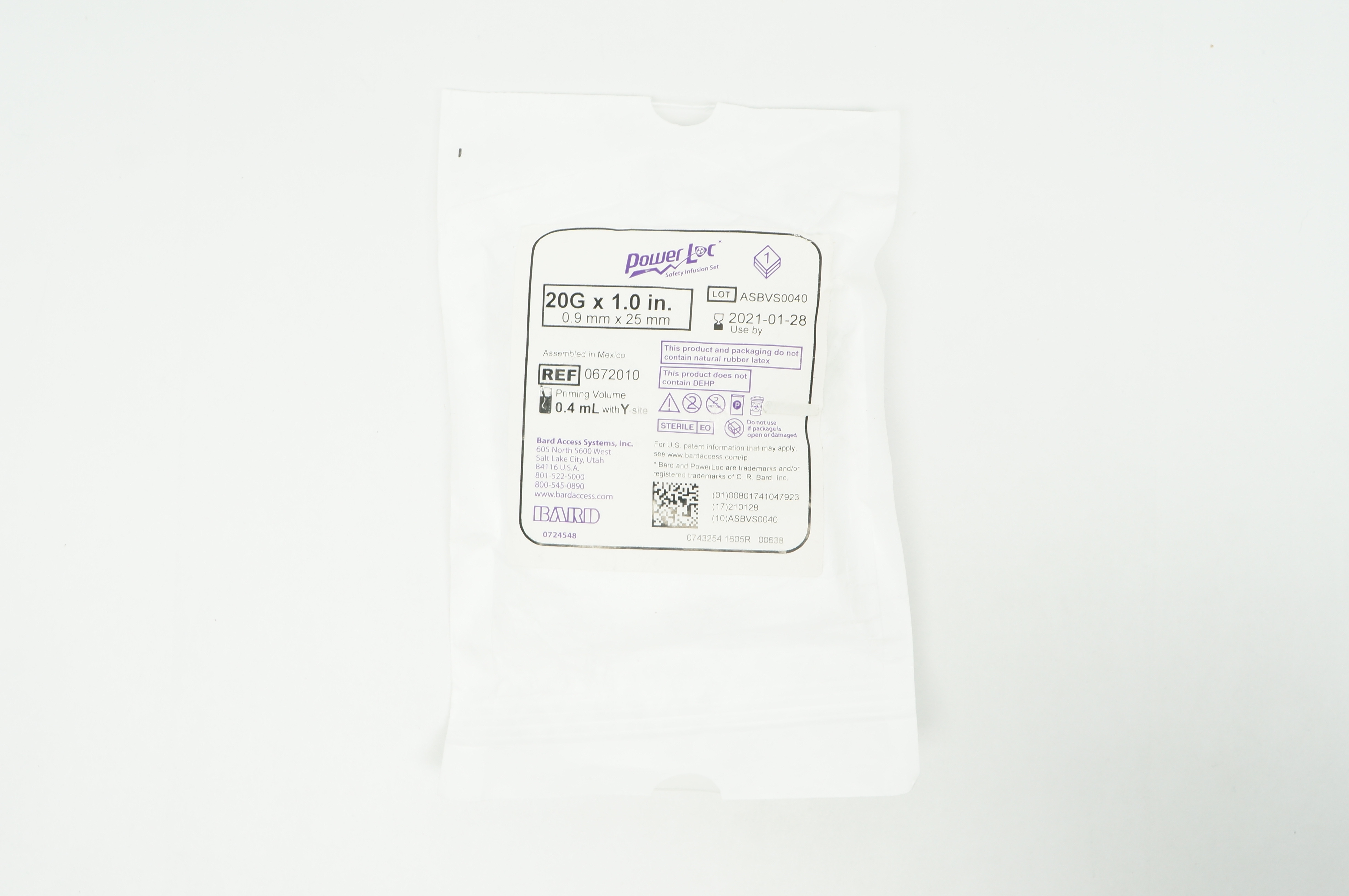 Bard 0672010 Power Loc Safety Infusion Set 20G x 1.0 in. Priming Volume 0.4 mL