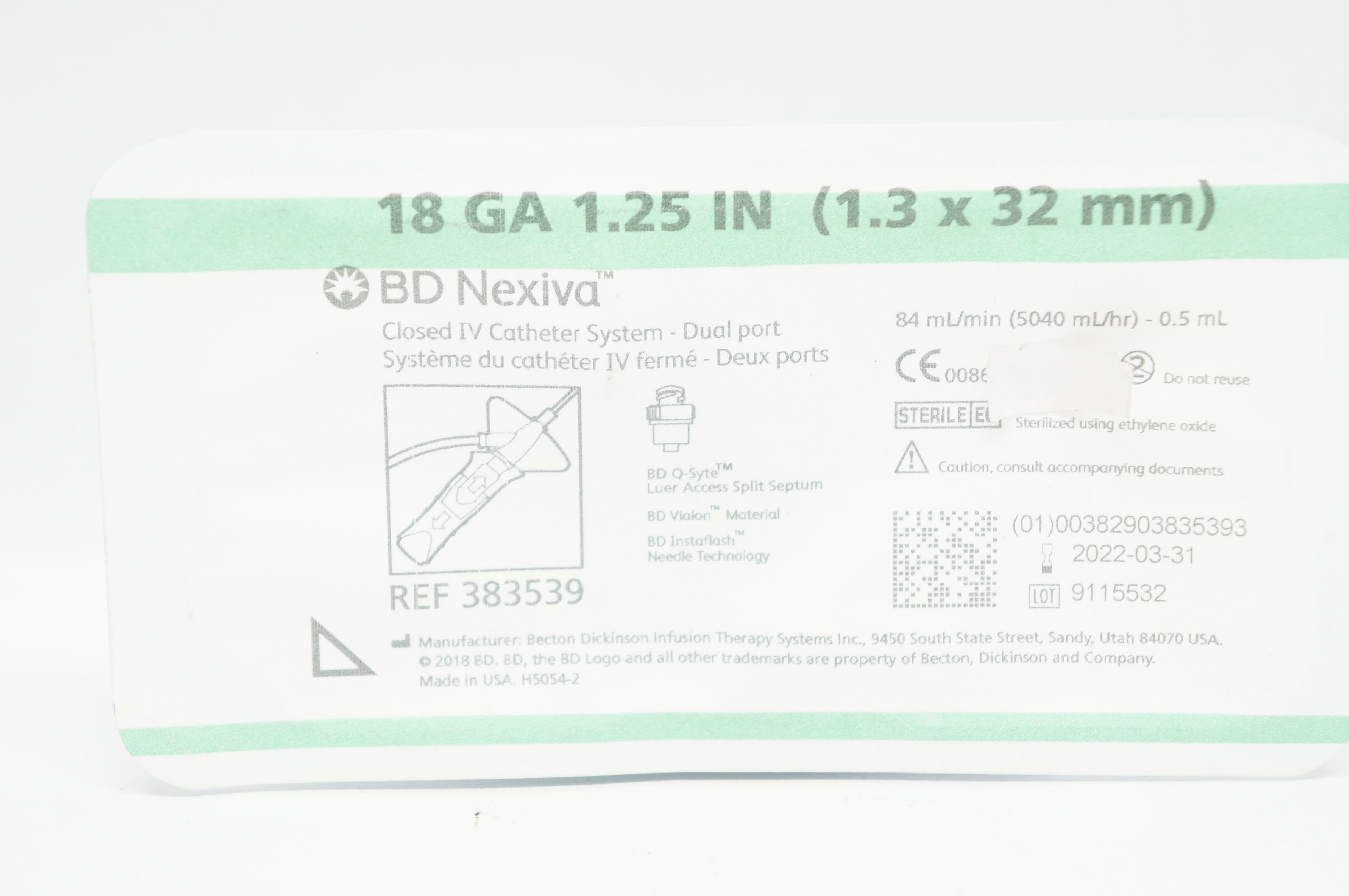 BD 383539 Nexiva Closed IV Cath. System - Dual Port 18Ga x 1.25inch