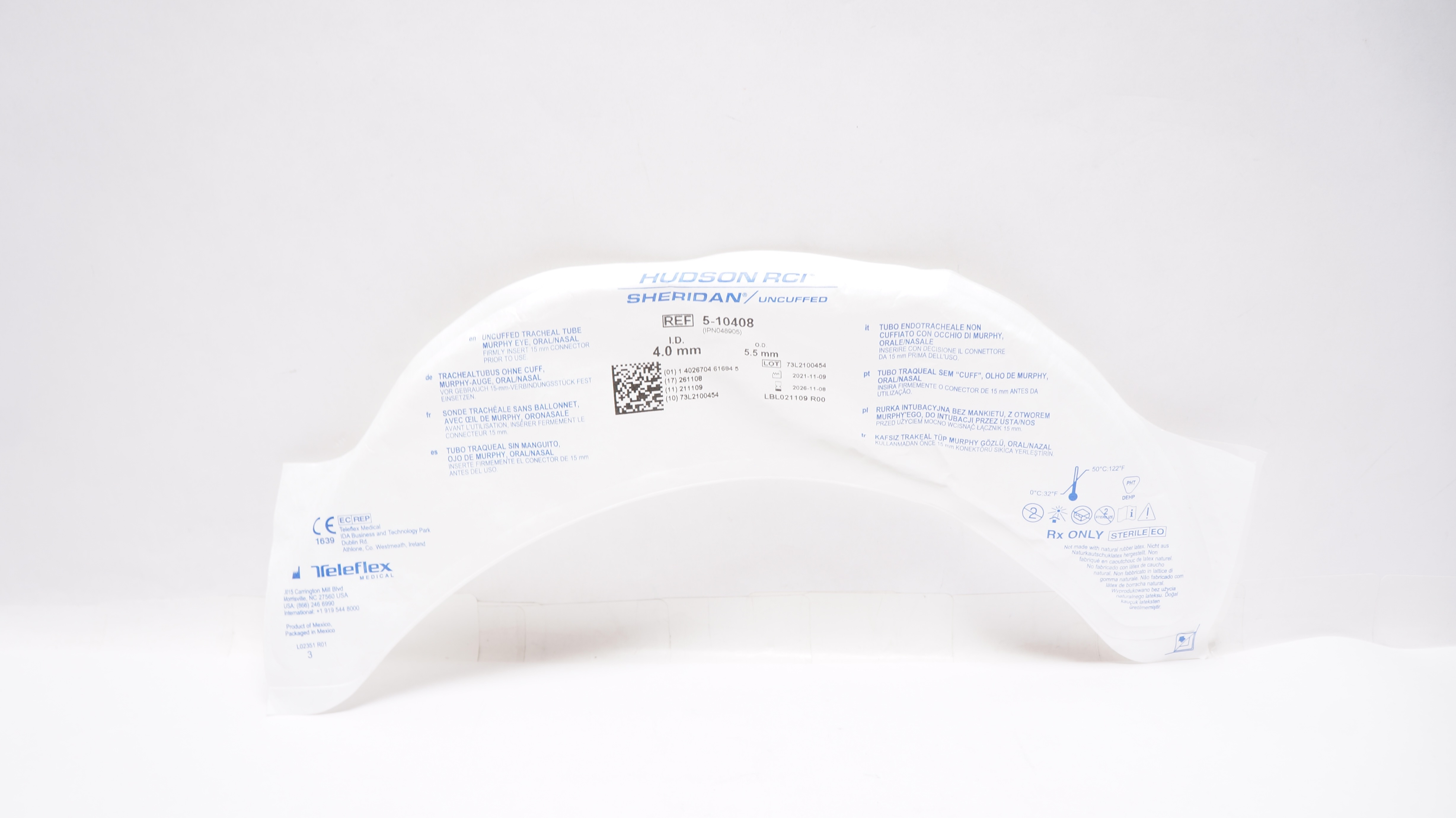 Teleflex 5-10408 Hudson RCI Sheridan Uncuffed Tracheal Tube 4.0mm x 5.5mm