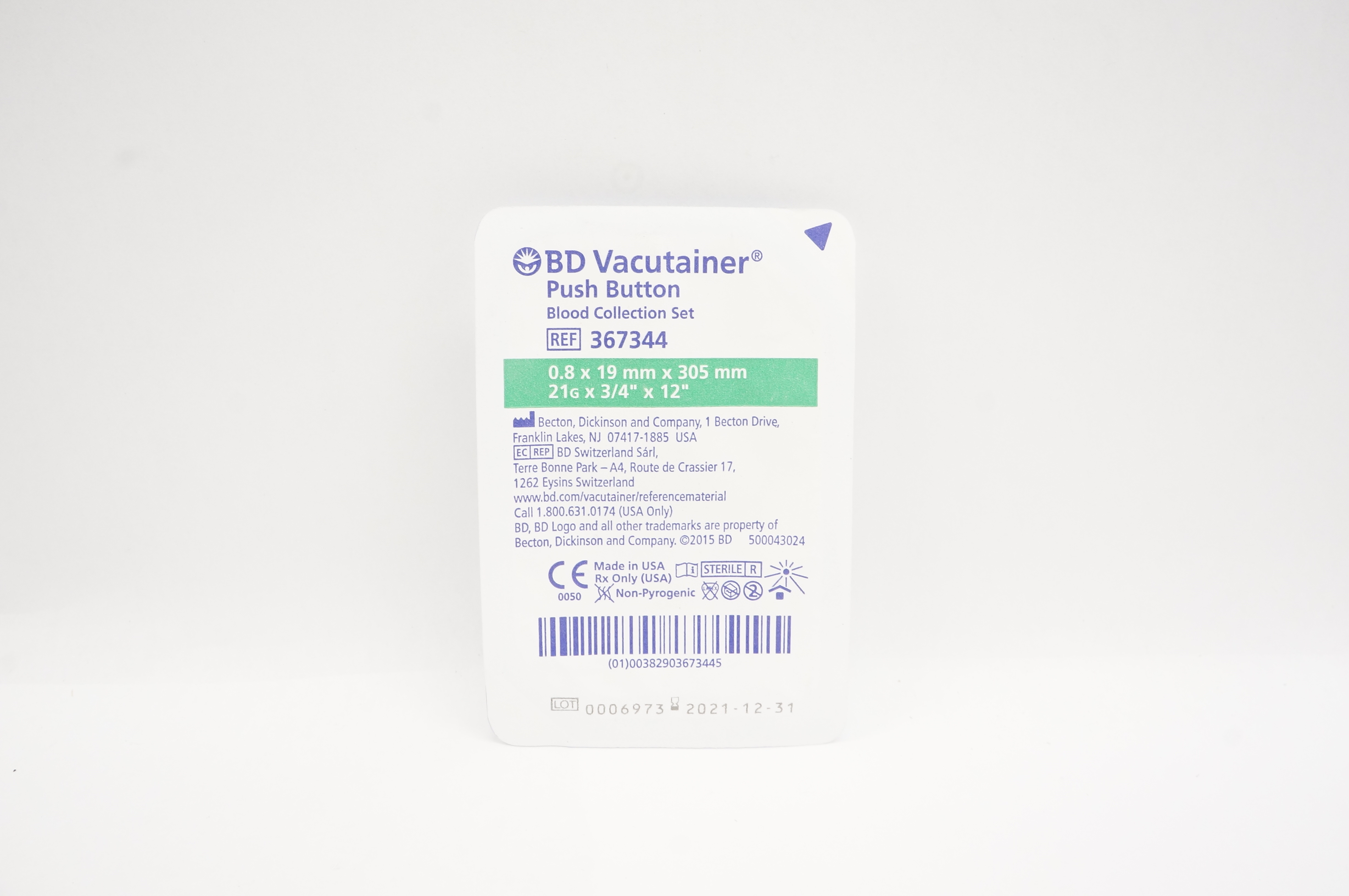 BD 367344 Vacutainer Push Button Blood Collection Set 21G x 3/4inch x 12inch (x)