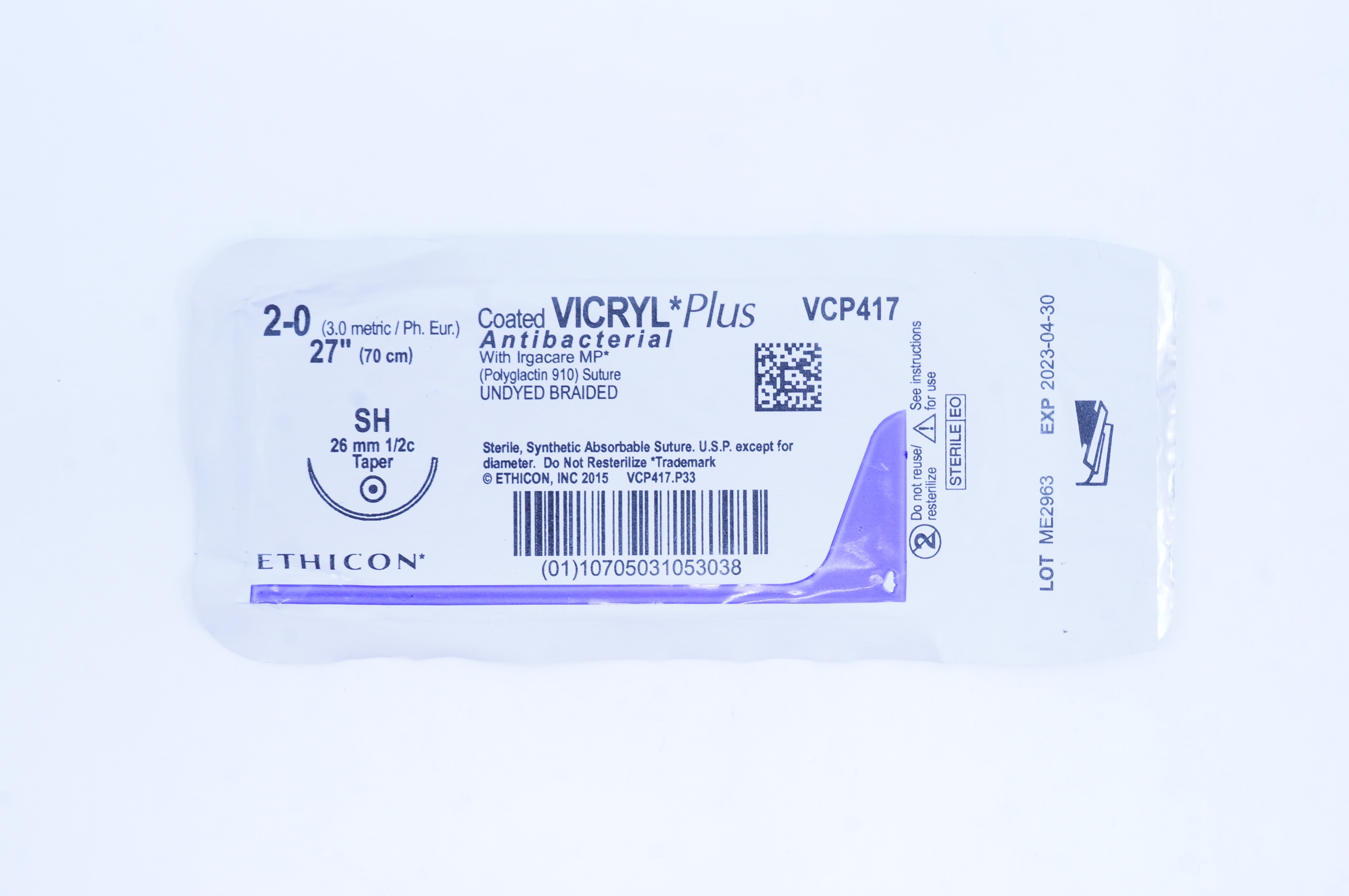Ethicon VCP417 2-0 Coated VICRYL Plus Stre SH 26mm 1/2c Taper, 27 inch