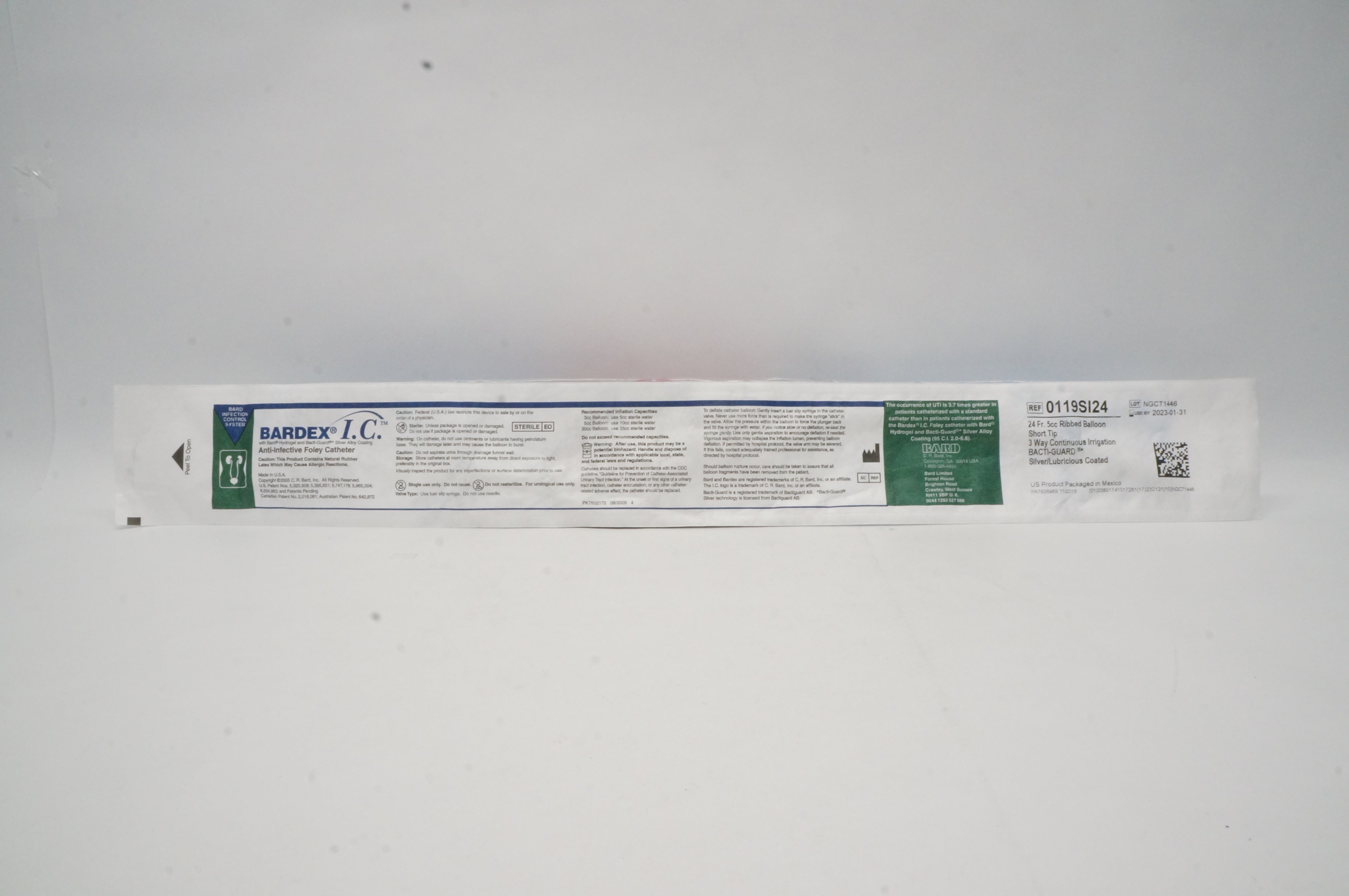 Bard 0119SI24 Bardex I.C. Anti-Infective Foley Cath. 24Fr 5cc Ribbed Balloon