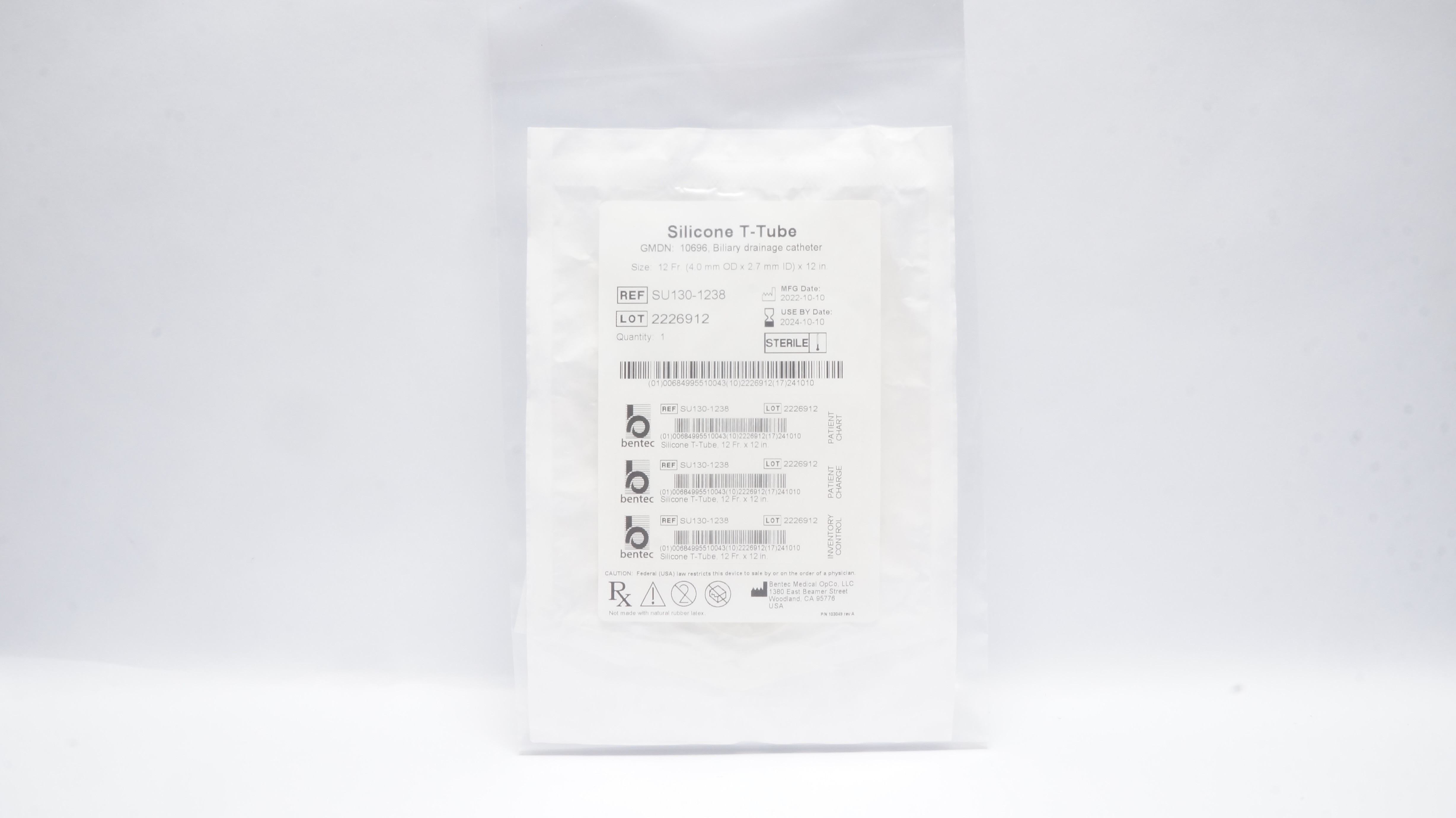 Bentec Medical SU130-1238 Silicone T-Tube Biliary Drainage Cath. 12Fr (x)