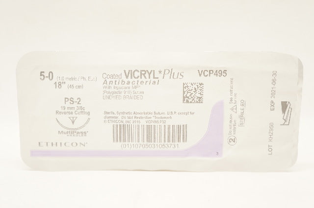Ethicon VCP495 5-0 VICRYL Plus PS-2 19mm 3/8c Reverse Cutting 18inch (x)