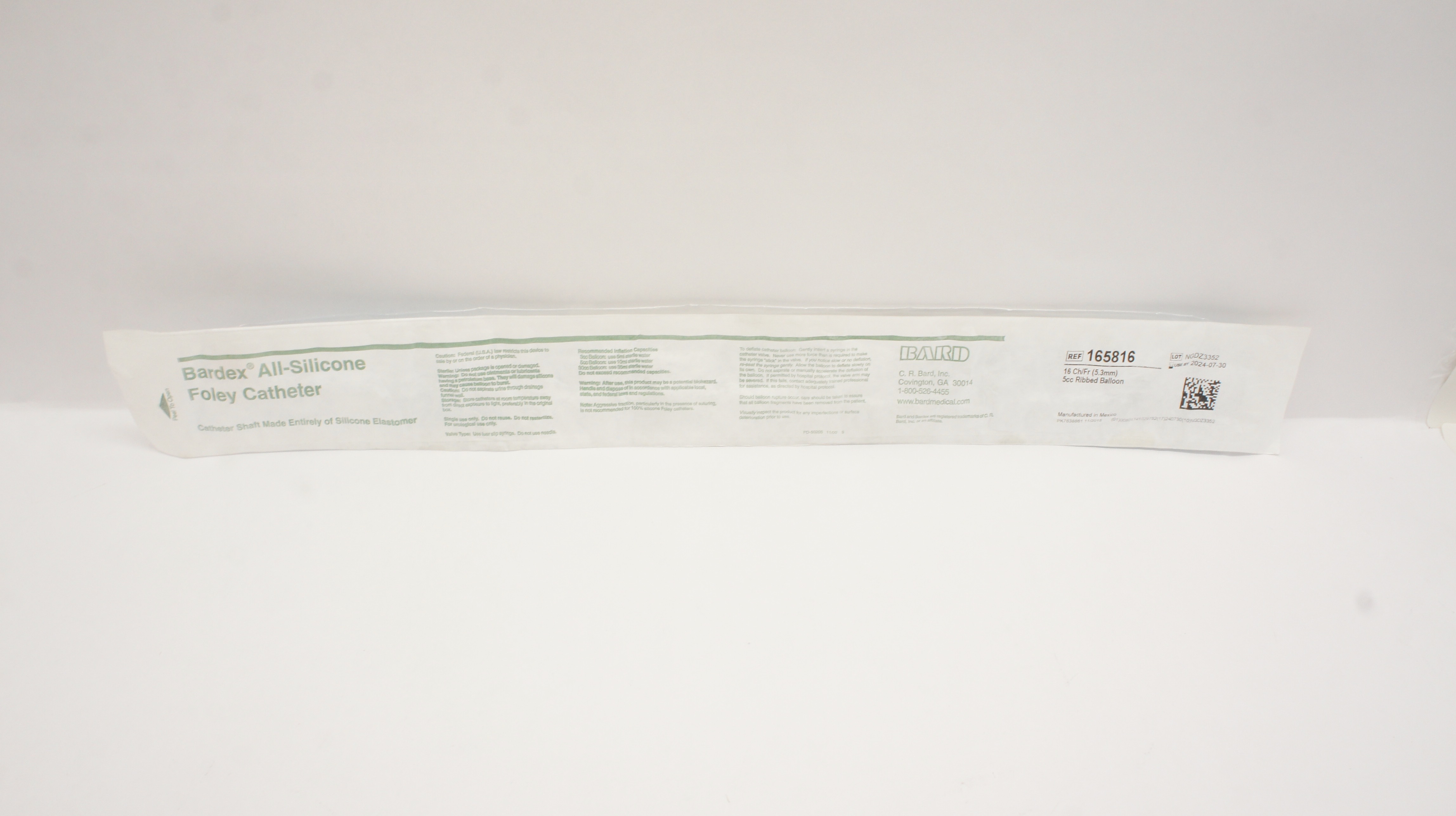 Bard 165816 Bardex All-Silicone Foley Cath. 16Fr. 5cc Ribbed Balloon
