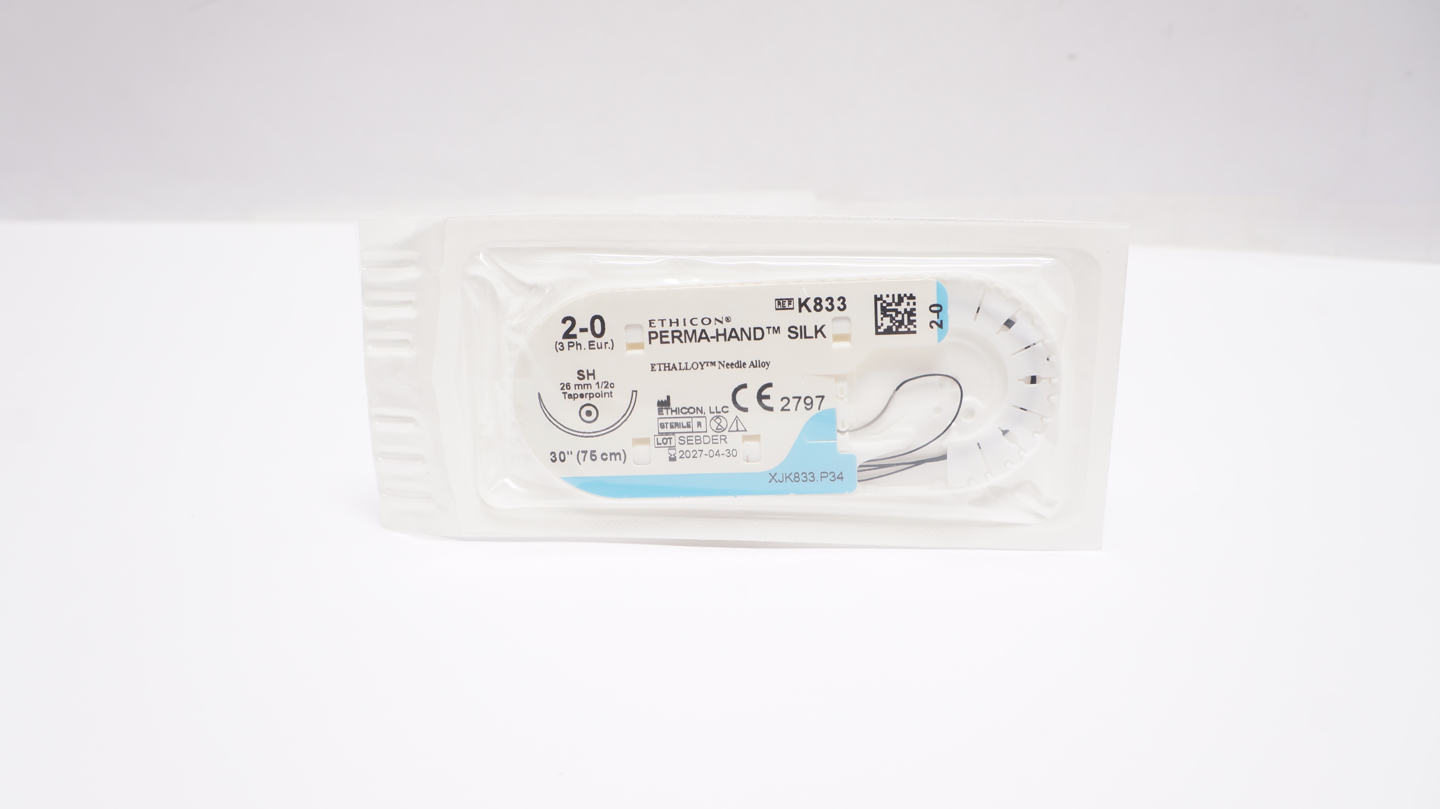 Ethicon K833 2-0 PERMA-HAND SILK Stre SH 26mm 1/2c Taperpoint, 30inch