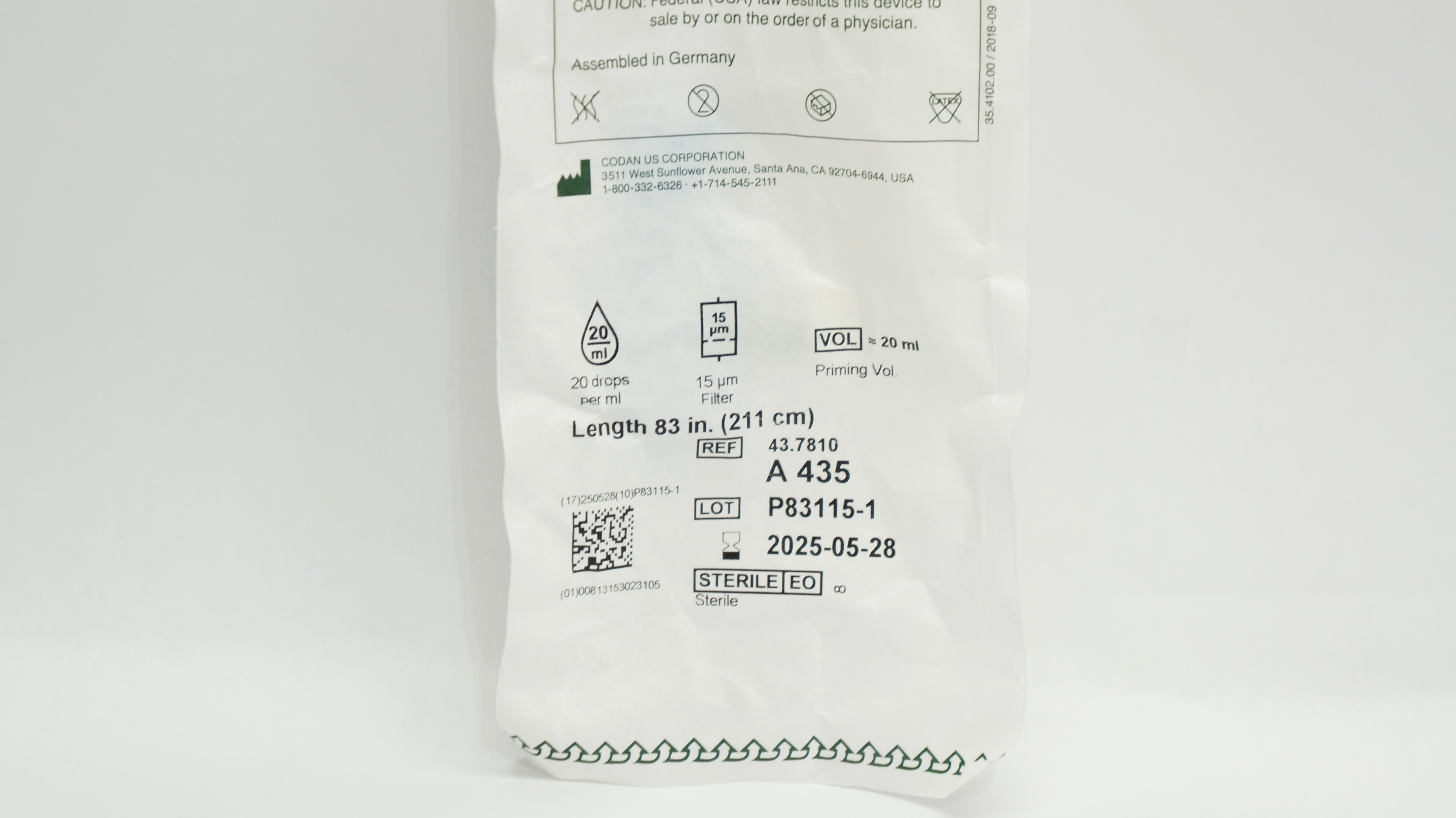 Codan 43.7810 Universal IV Set 20Drops/ml Filter 15µm 83inch, Prim. Vol. 20ml