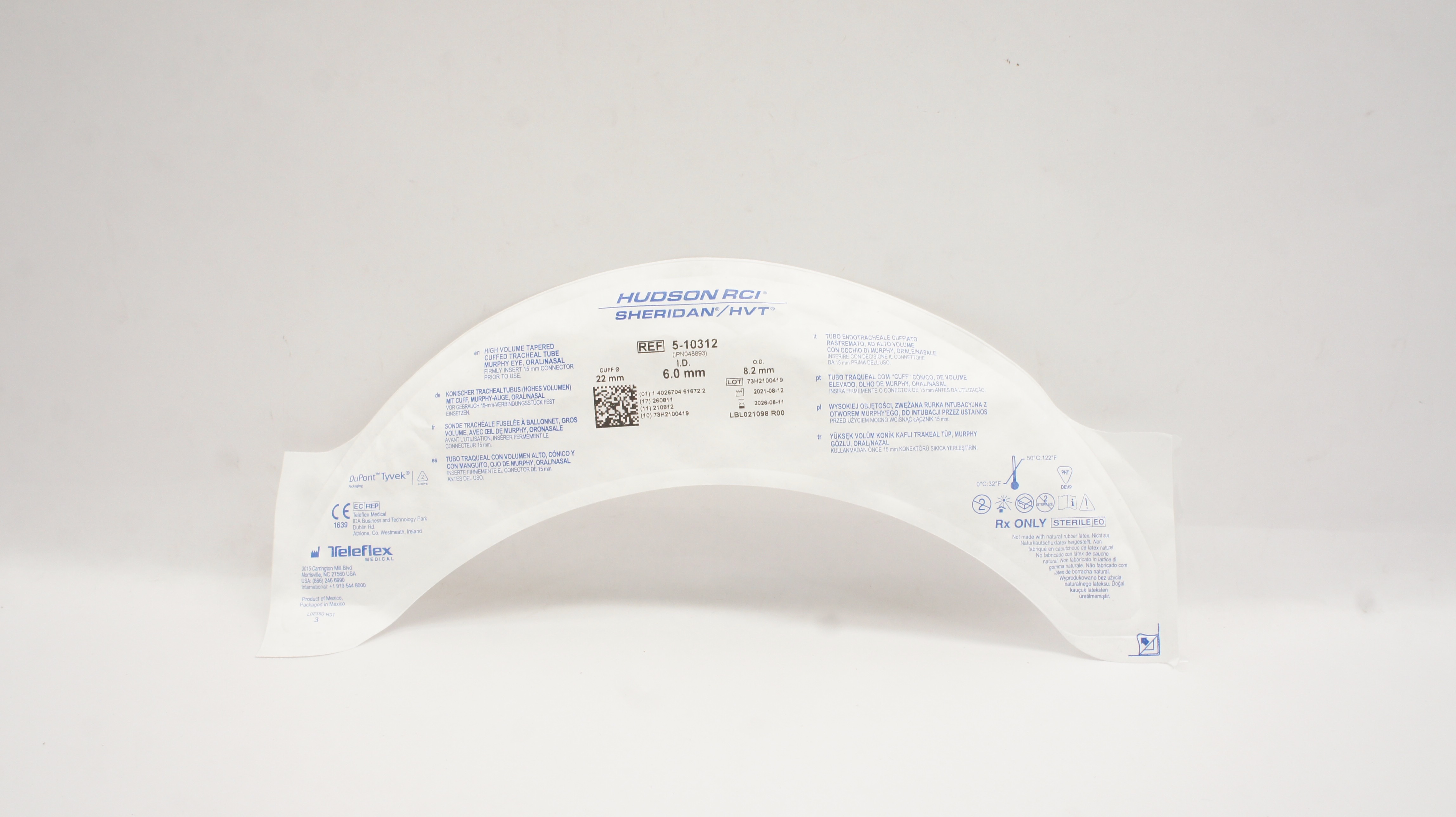 Teleflex 5-10312 Hudson RCI Sheridan HVT Cuffed Tracheal Tube 6.0 x 8.2 x 22mm