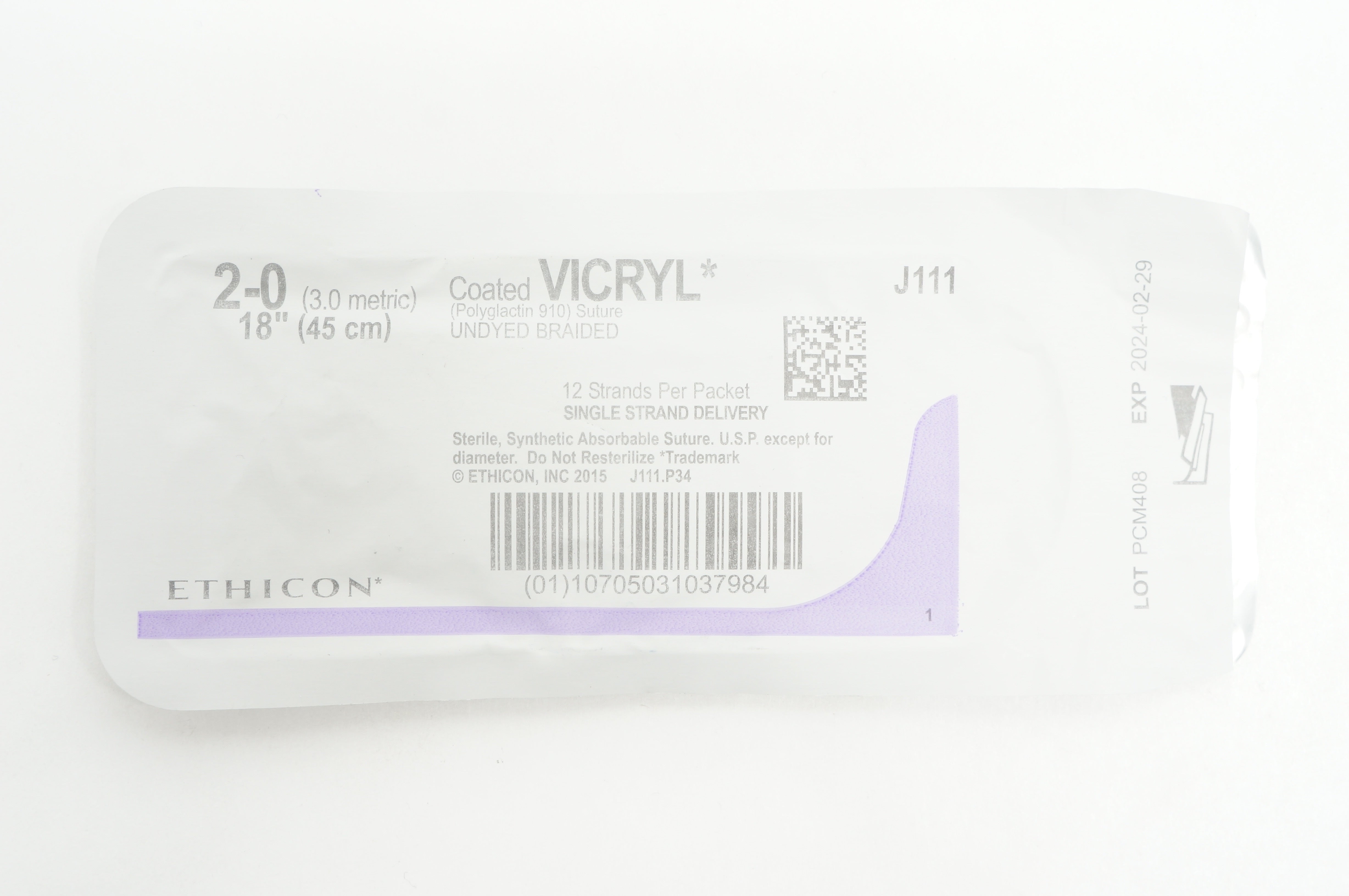 Ethicon J111 2-0 VICRYL, Undyed Braided, 18inch
