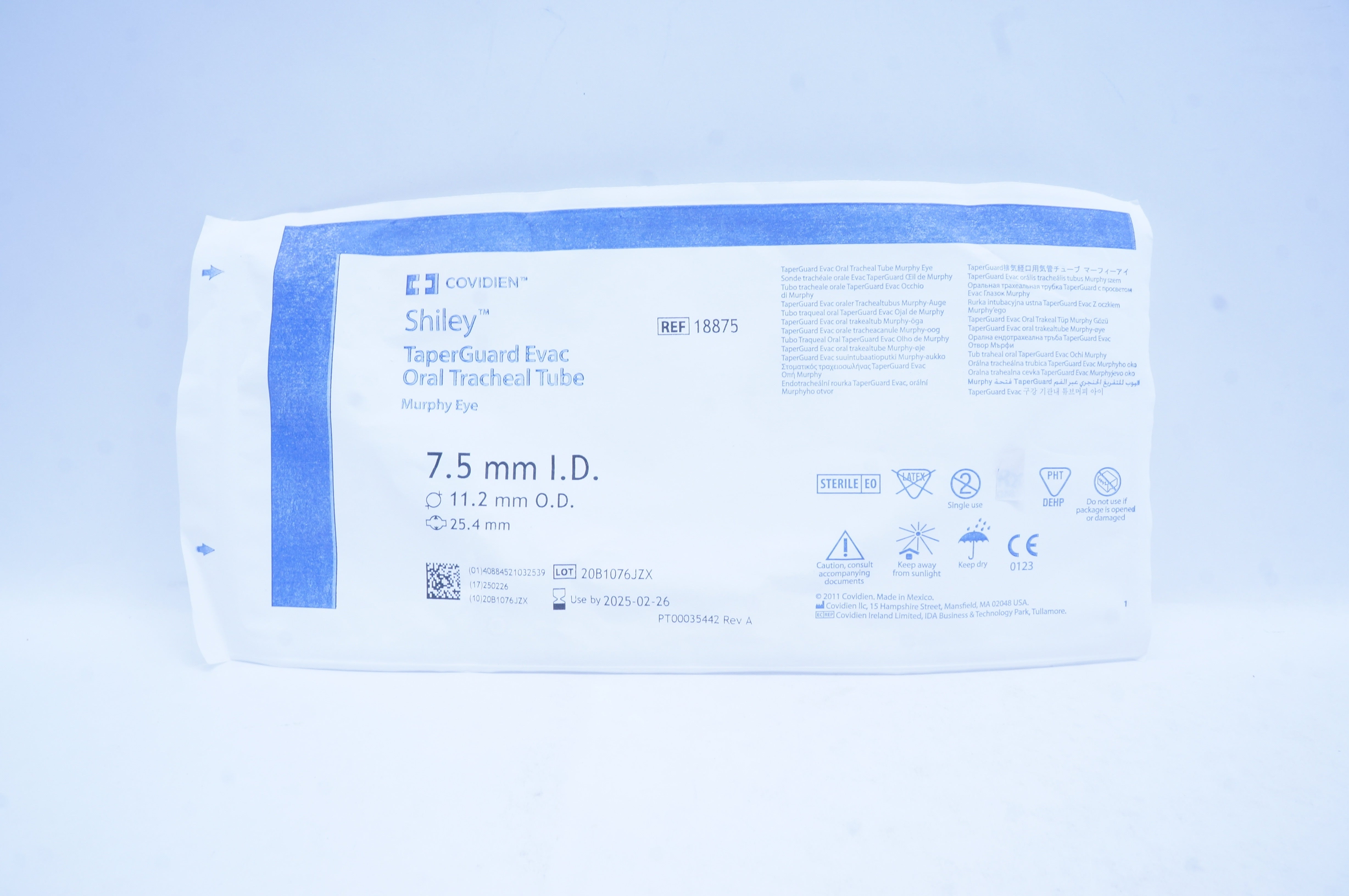 Covidien 18875 Shiley TaperGuard Evac Oral Tracheal Tube 7.5 x 11.2 x 25.4mm
