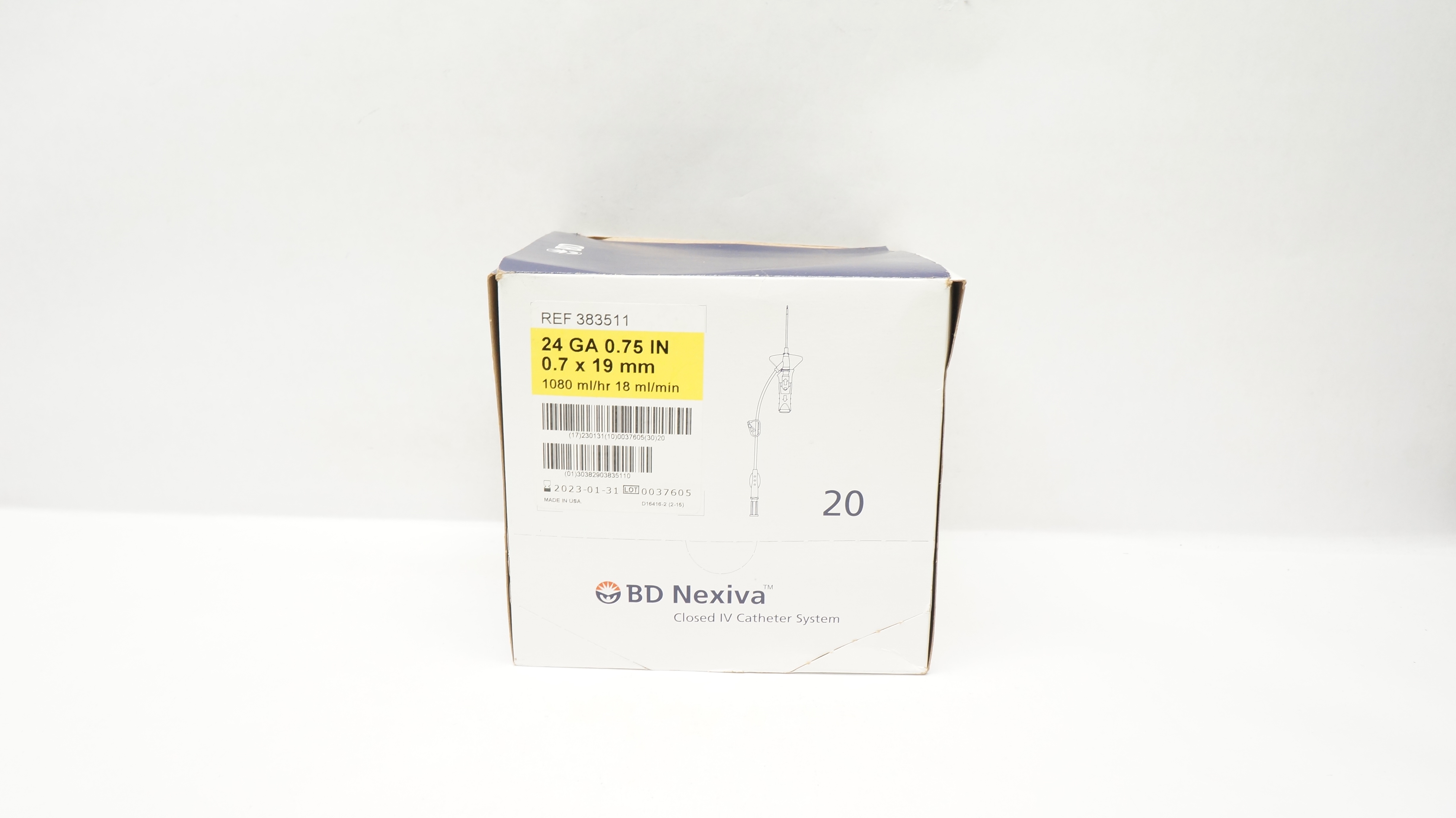 BD 383511 Nexiva Closed IV Cath. System-Single Port 24GA x 0.75inch(x)-Box of 20