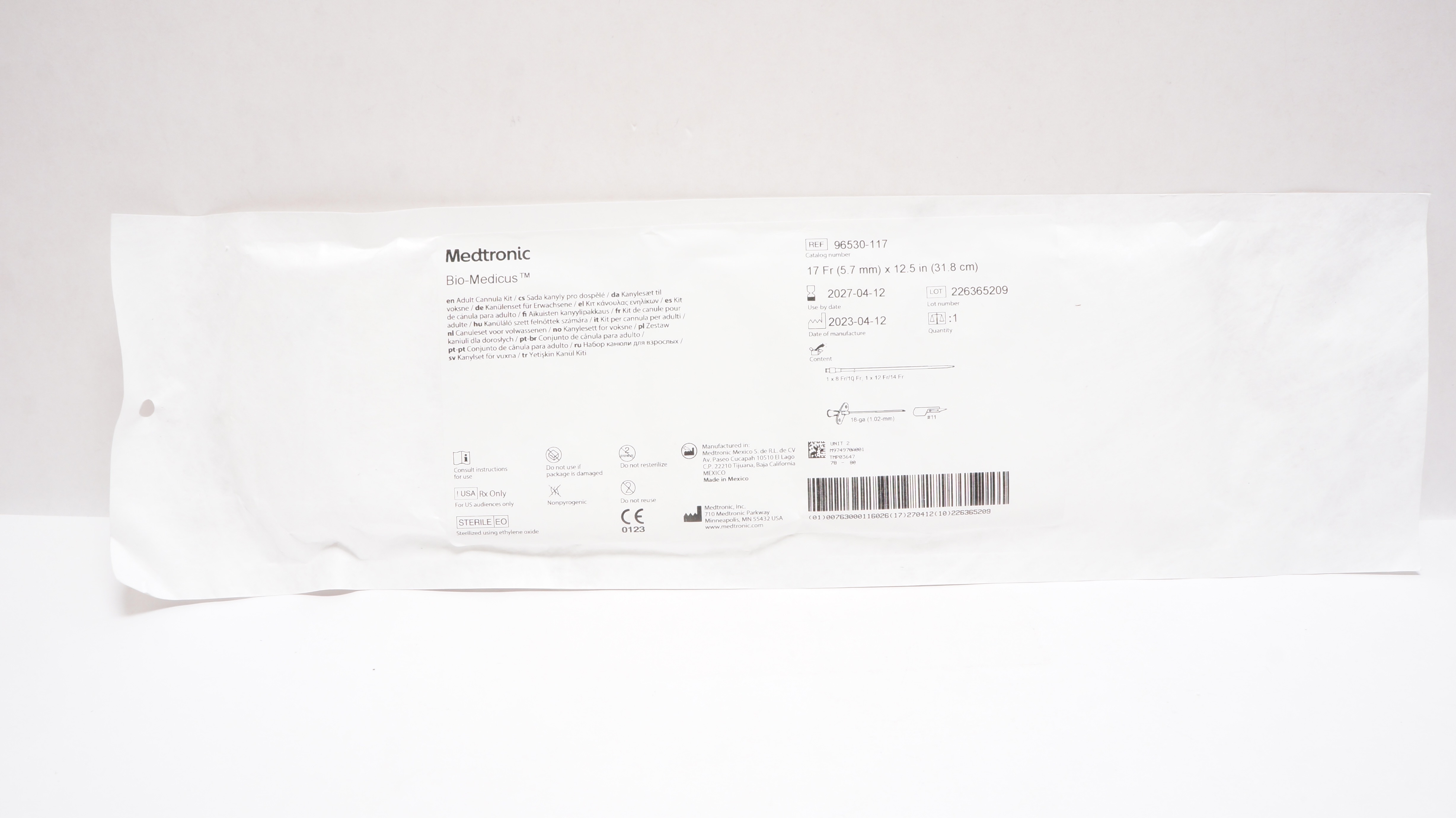 Medtronic 96530-117 Bio-Medicus Adult Cannula Kit 17Fr x 12.5inch