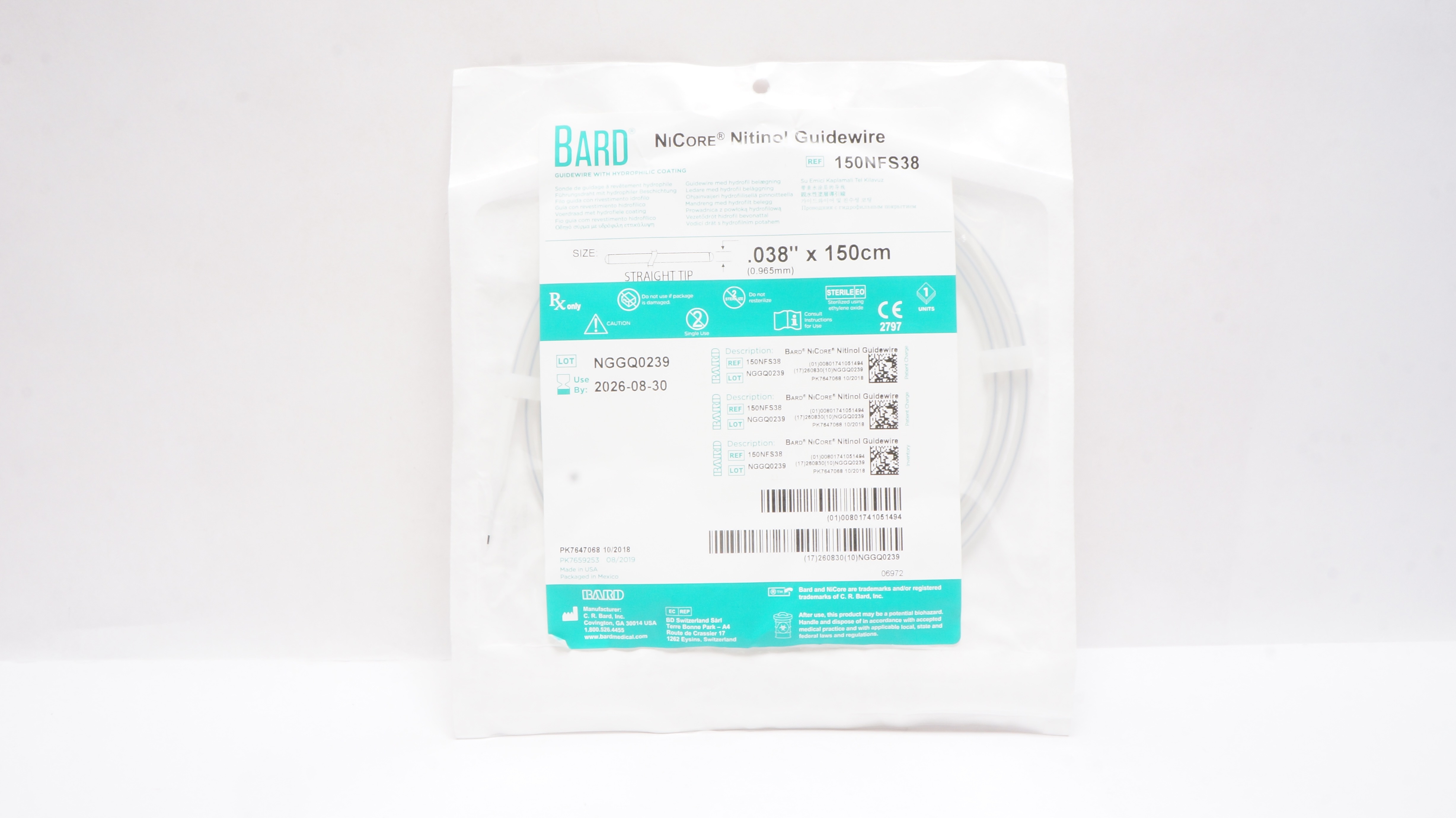 Bard 150NFS38 NiCore Nitinol Guidewire .038inch x 150cm