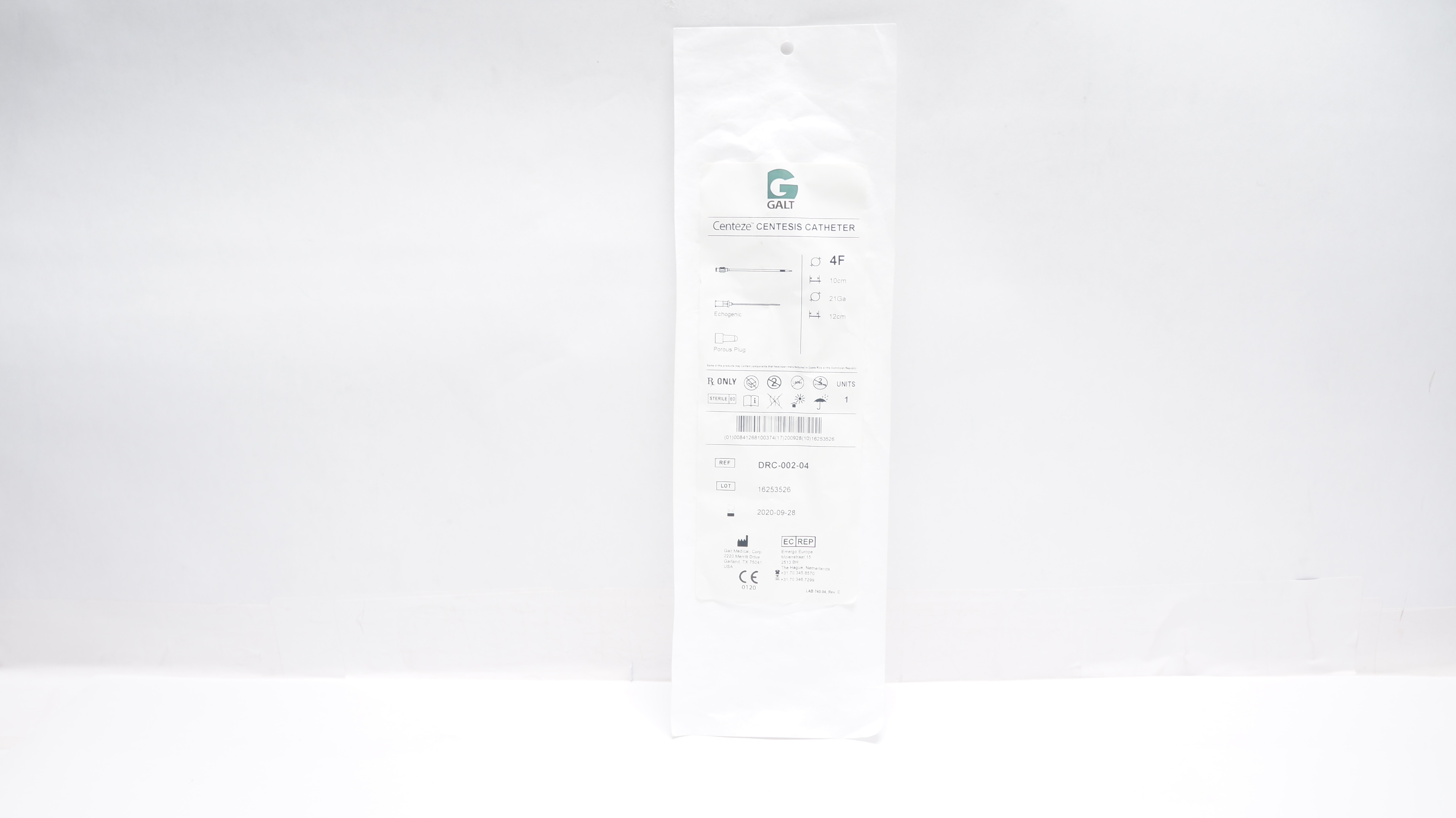 Galt Medical DRC-002-04 Centeze Centesis Cath. 4F x 10cm, Ndle. 21Ga x 12cm (x)
