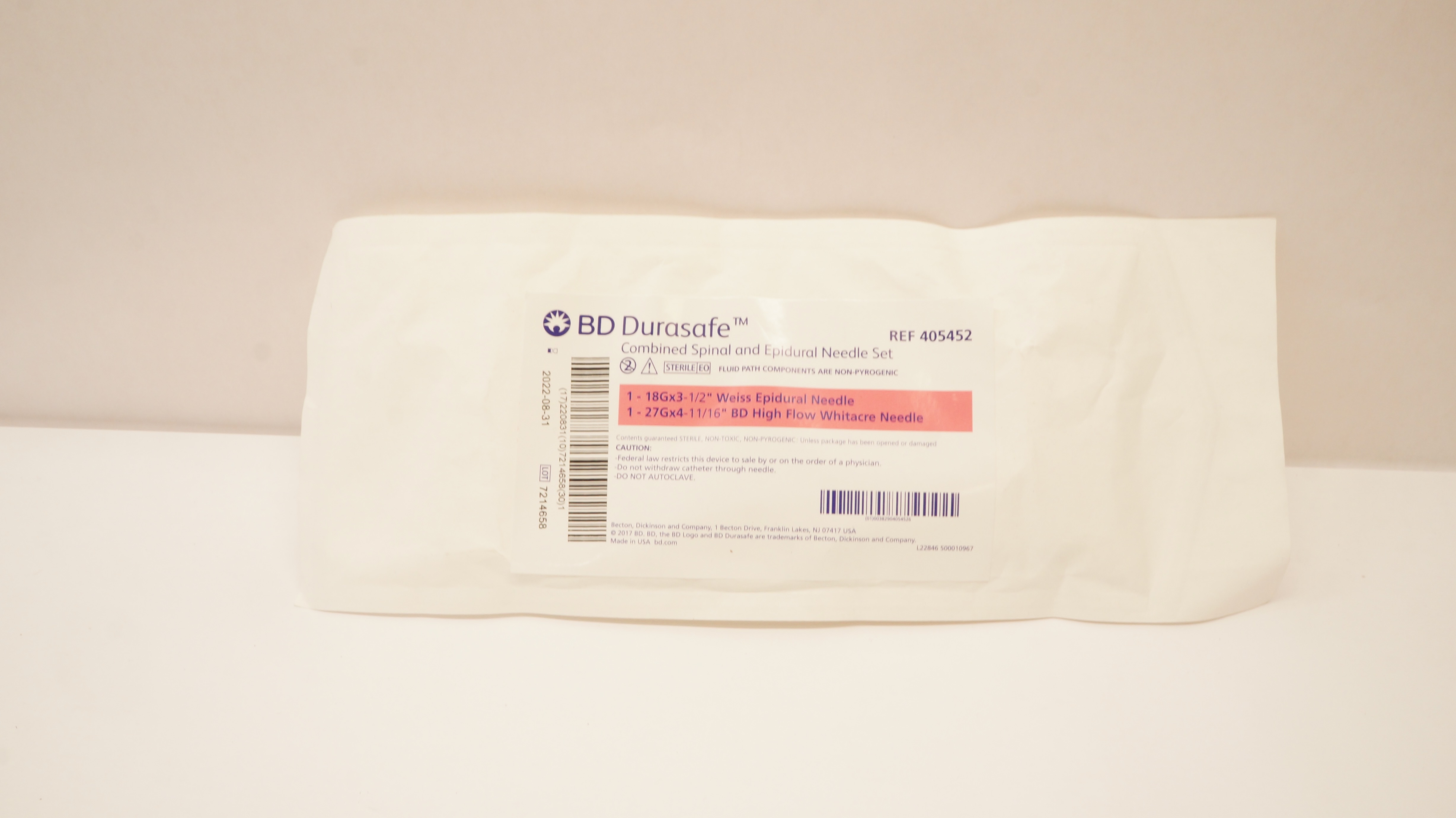 BD 405452 Durasafe Combined Spinal/Epidural Ndle Set 18G x 3-1/2inch (x)