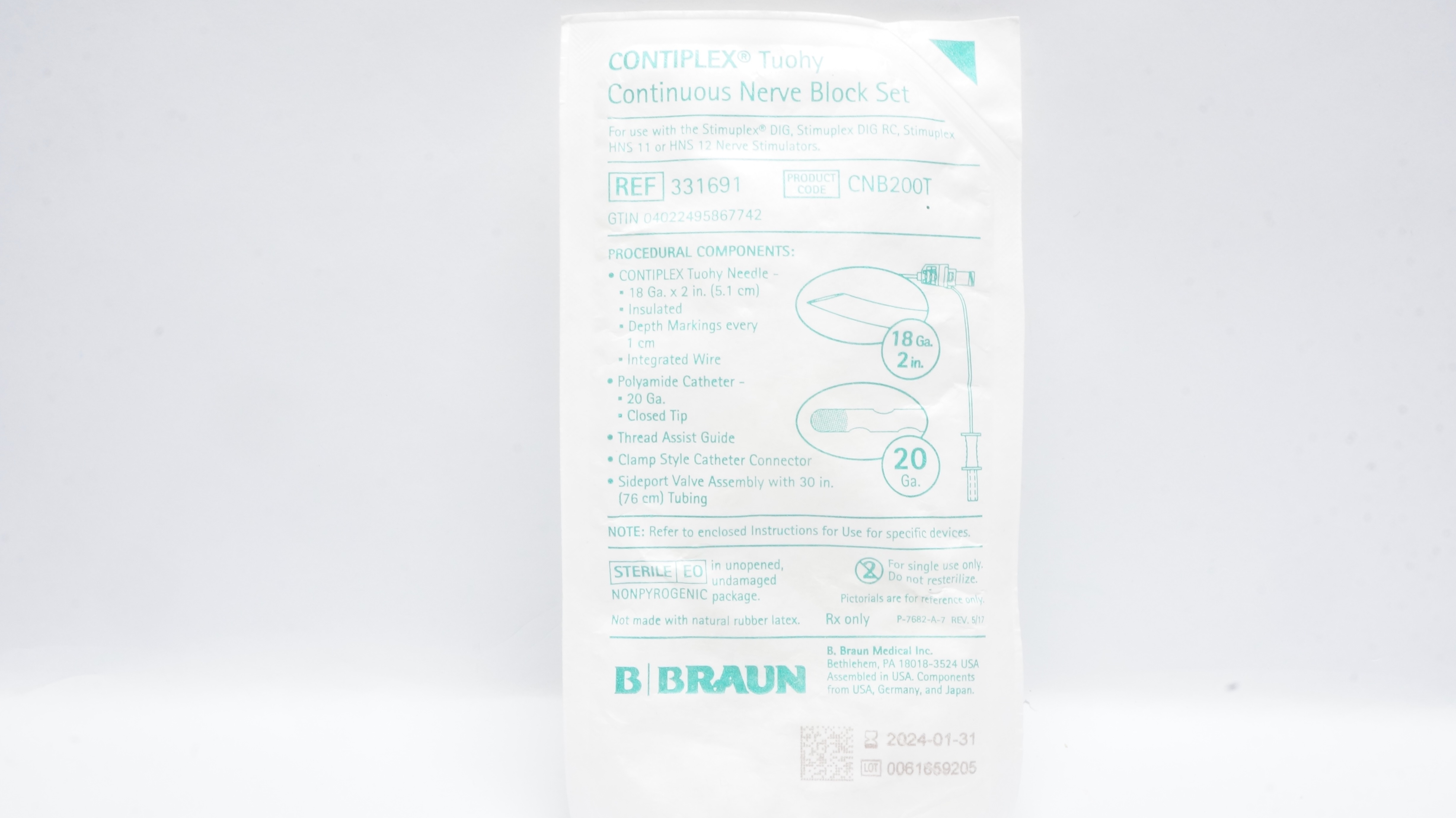 Braun 331691 Contiplex Tuohy Continuous Nerve Block Set 18 Ga x 2inch, 20 Ga (x)
