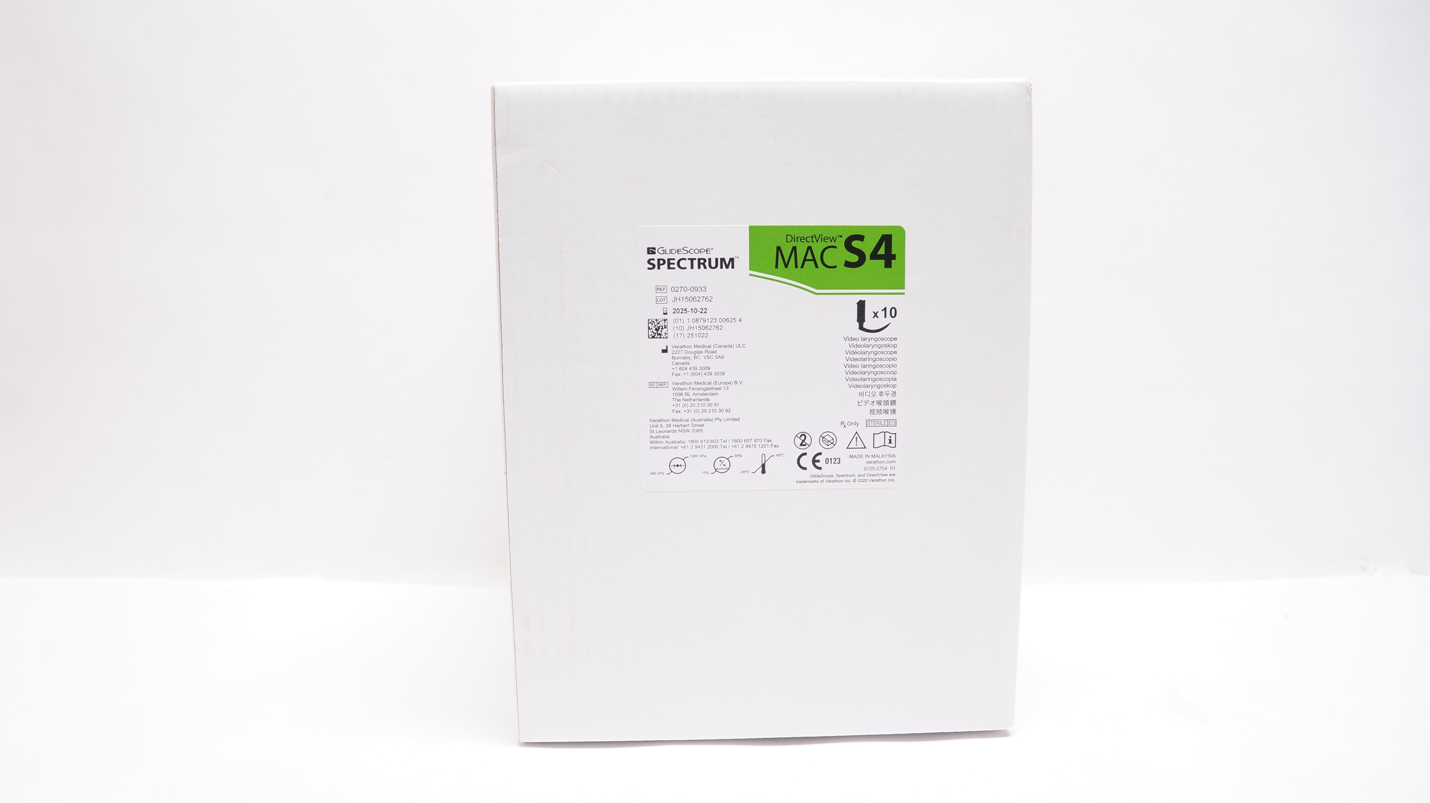 Verathon Medical 0270-0933 GlideScope Spectrum MAC S4 - Case of 10