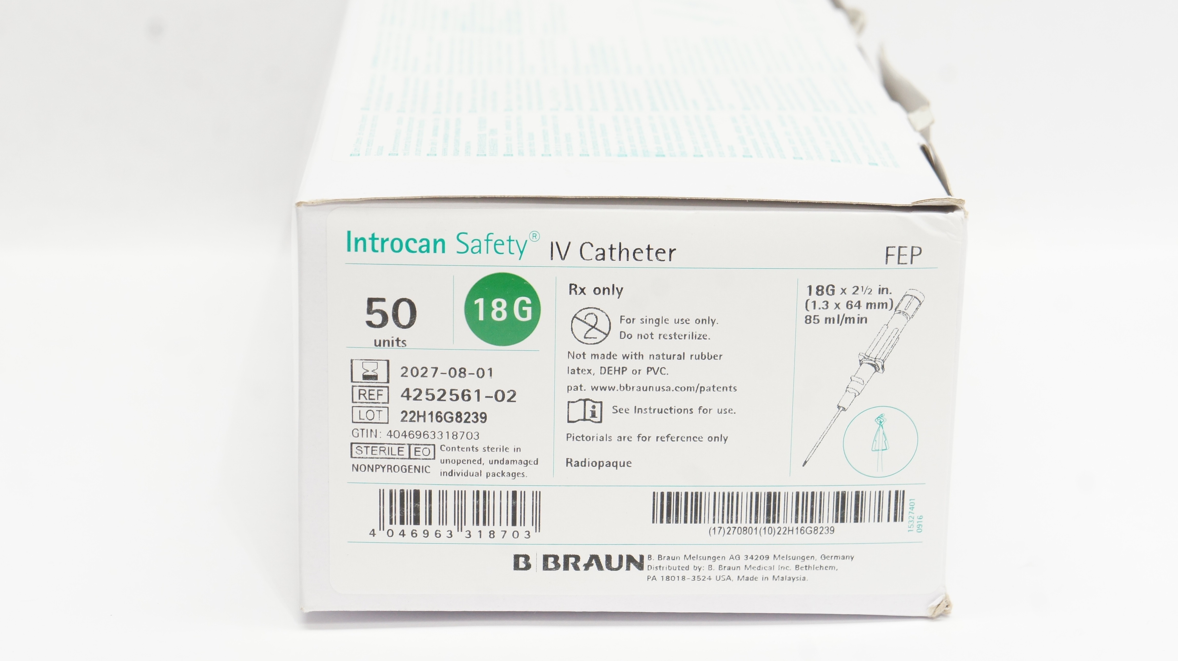 Braun 4252561-02 Introcan Safety IV Cath. 18Gx 2.5inch x 85ml/min - Box of 50
