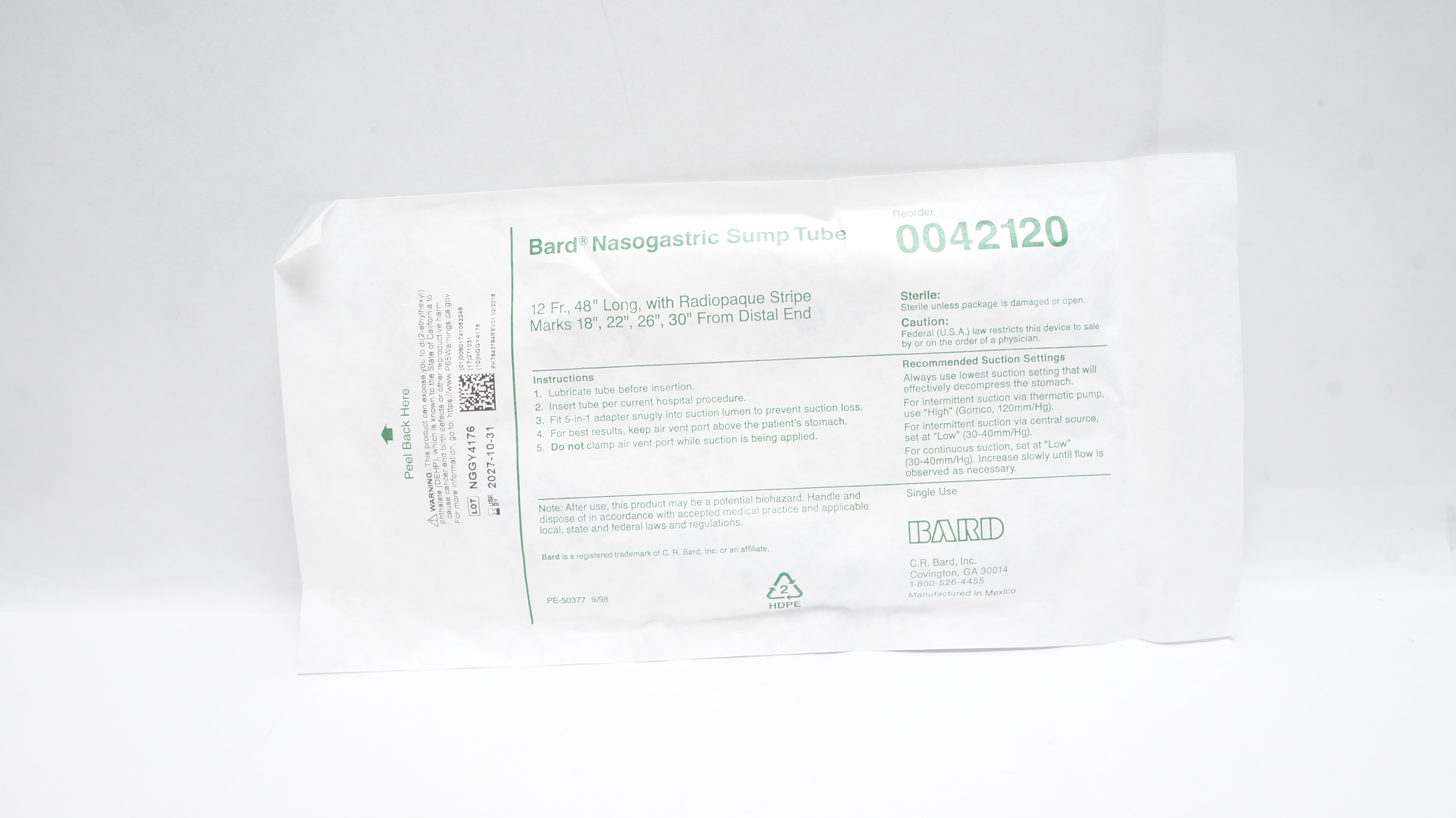 Bard 0042120 Nasogastric Sump Tube w/Radiopaque Stripe Marks 12Fr. x 48inch