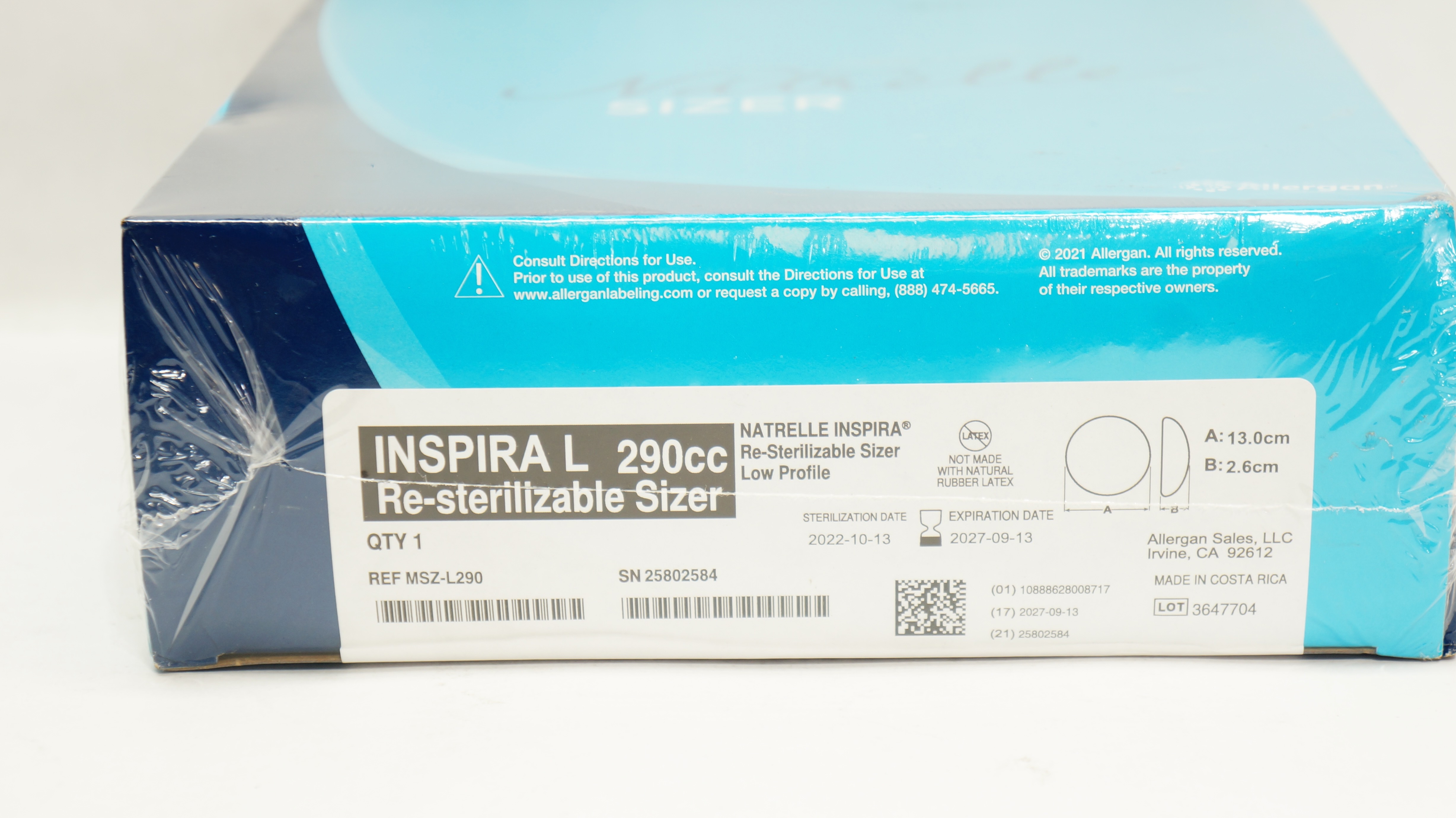Allergan MSZL290 Natrelle Inspira ReSterilizable Sizer 13.0cm x 2.6cm