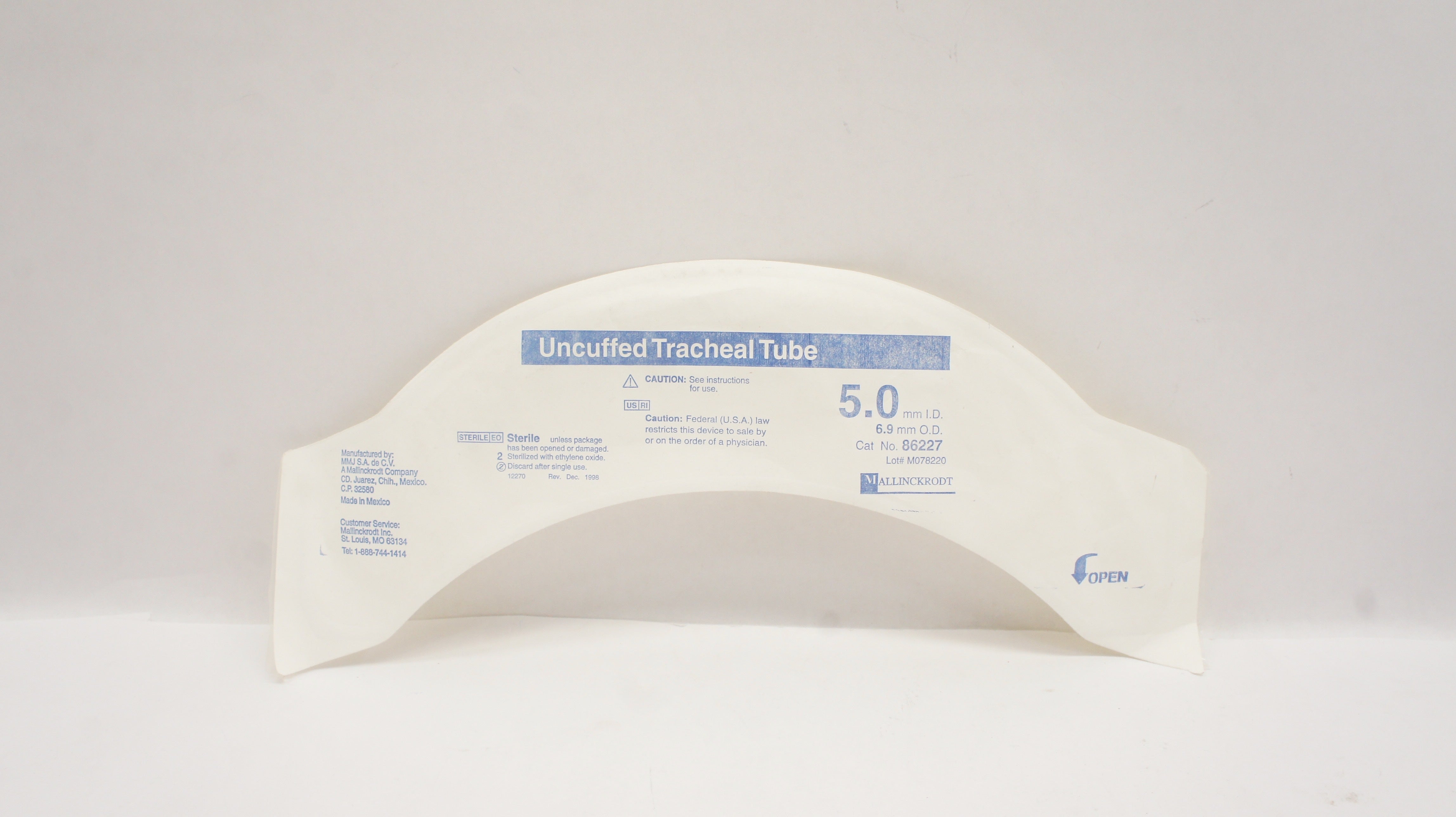 Mallinckrodt 86227 Uncuffed Tracheal Tube 5.0mm ID x 6.9mm OD