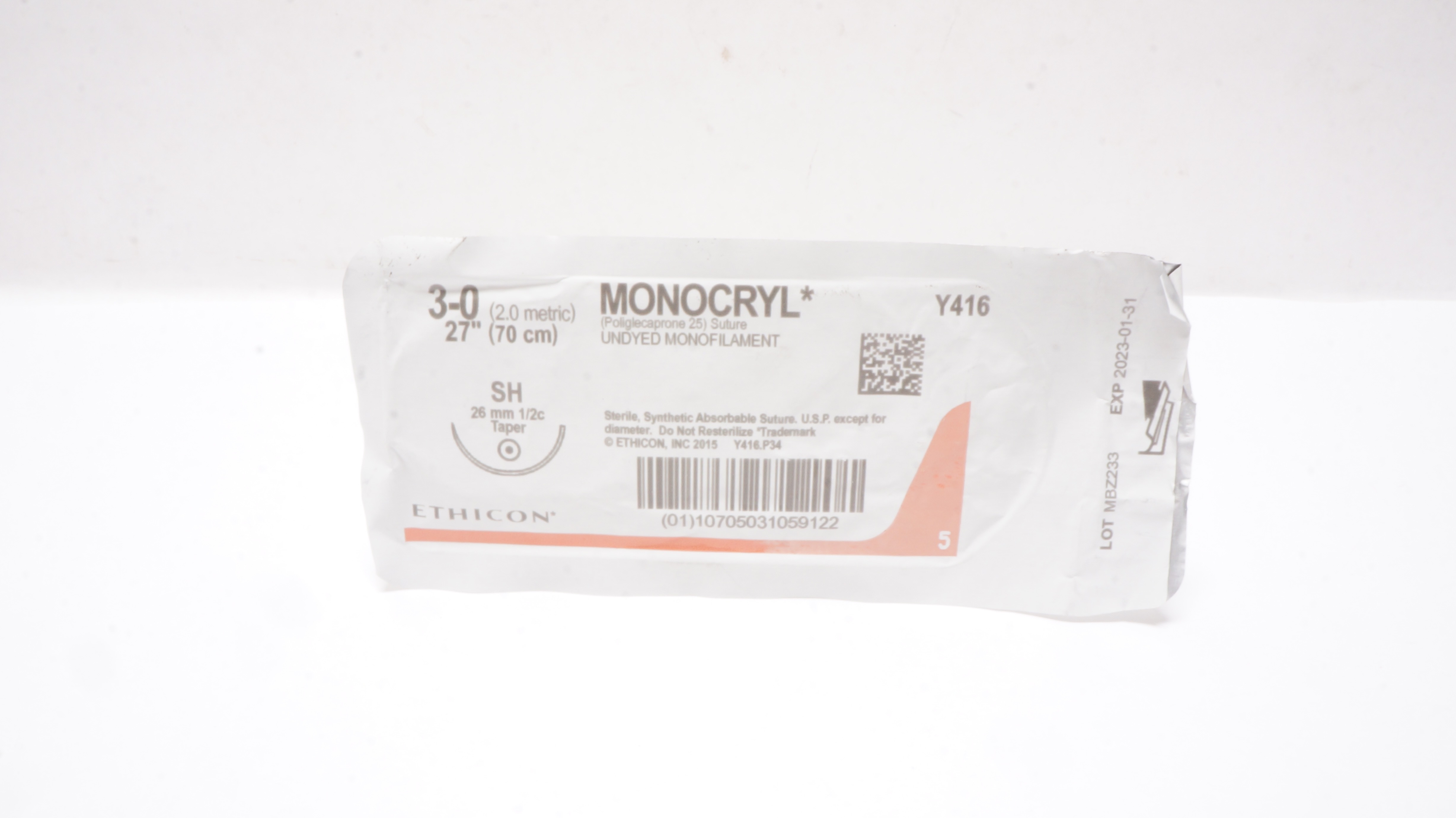 Ethicon Y416 3-0 Monocryl Undyed Monofilament SH 26mm 1/2c Taper 27 inch (x)