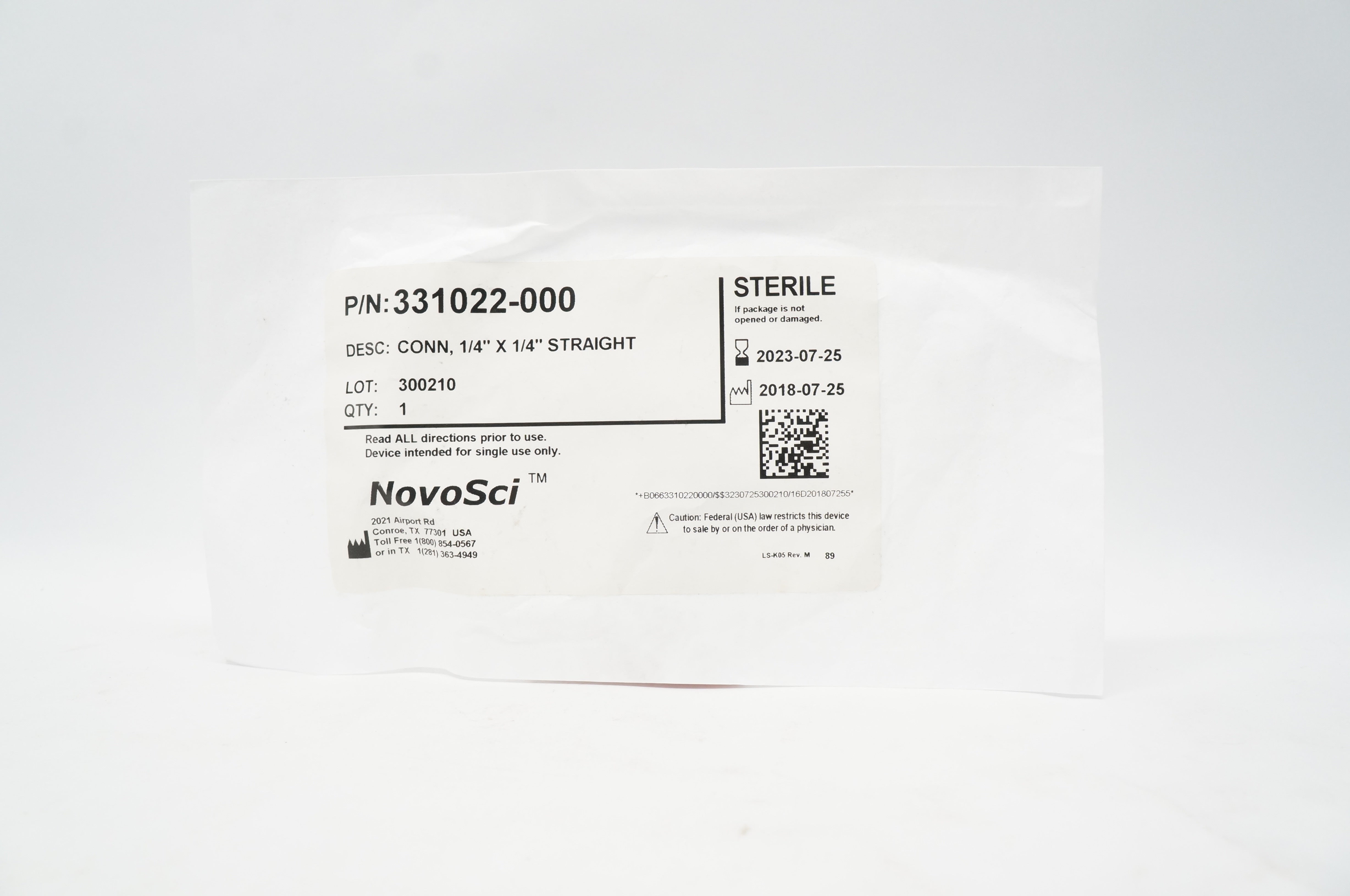 NovoSci 331022-000 Connector, Straight 1/4inch x 1/4inch