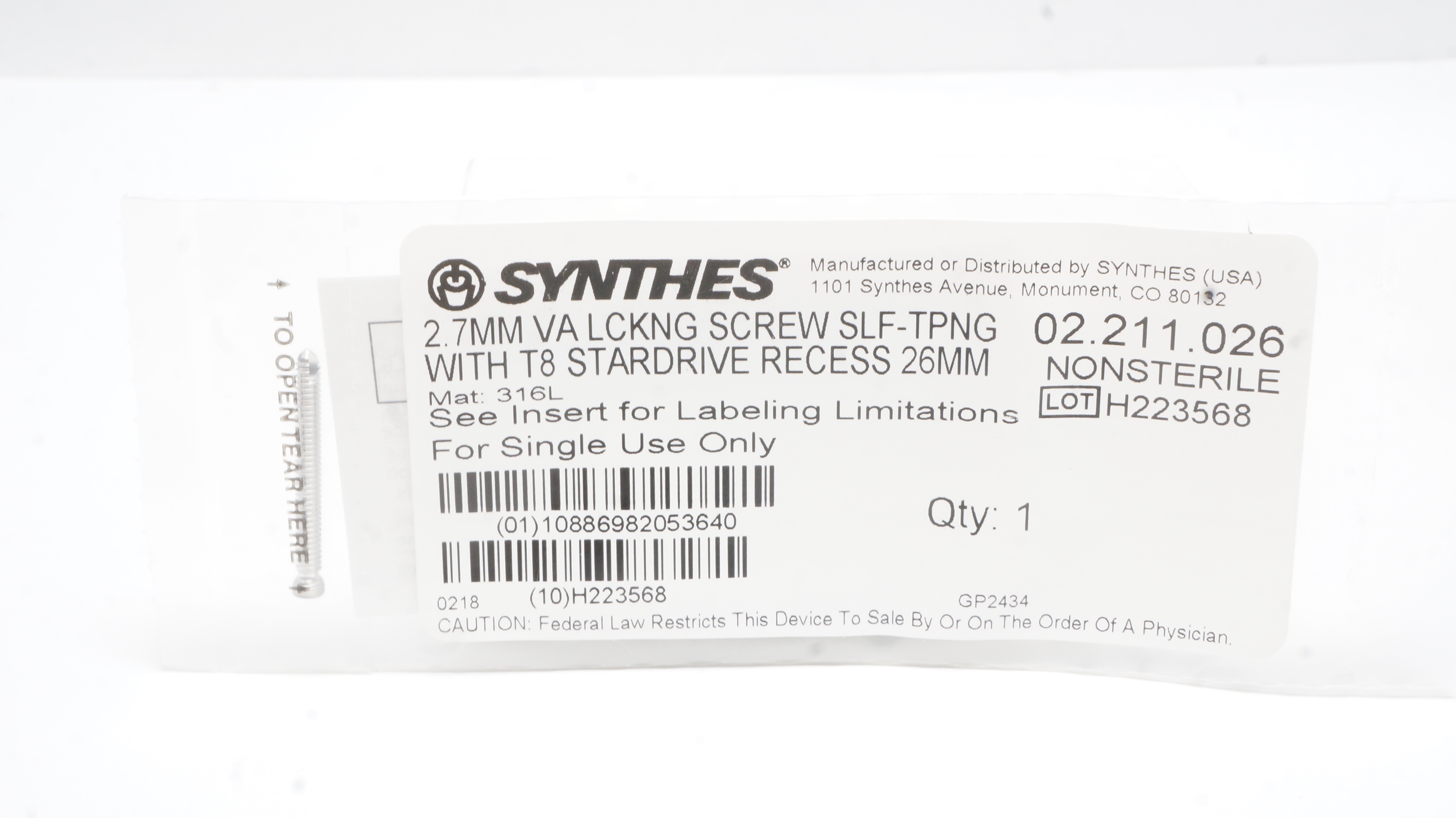 Synthes 02.211.026 2.7mm VA LCKNG Screw Self/Tapping W/T8 Stardrive Recess 26mm