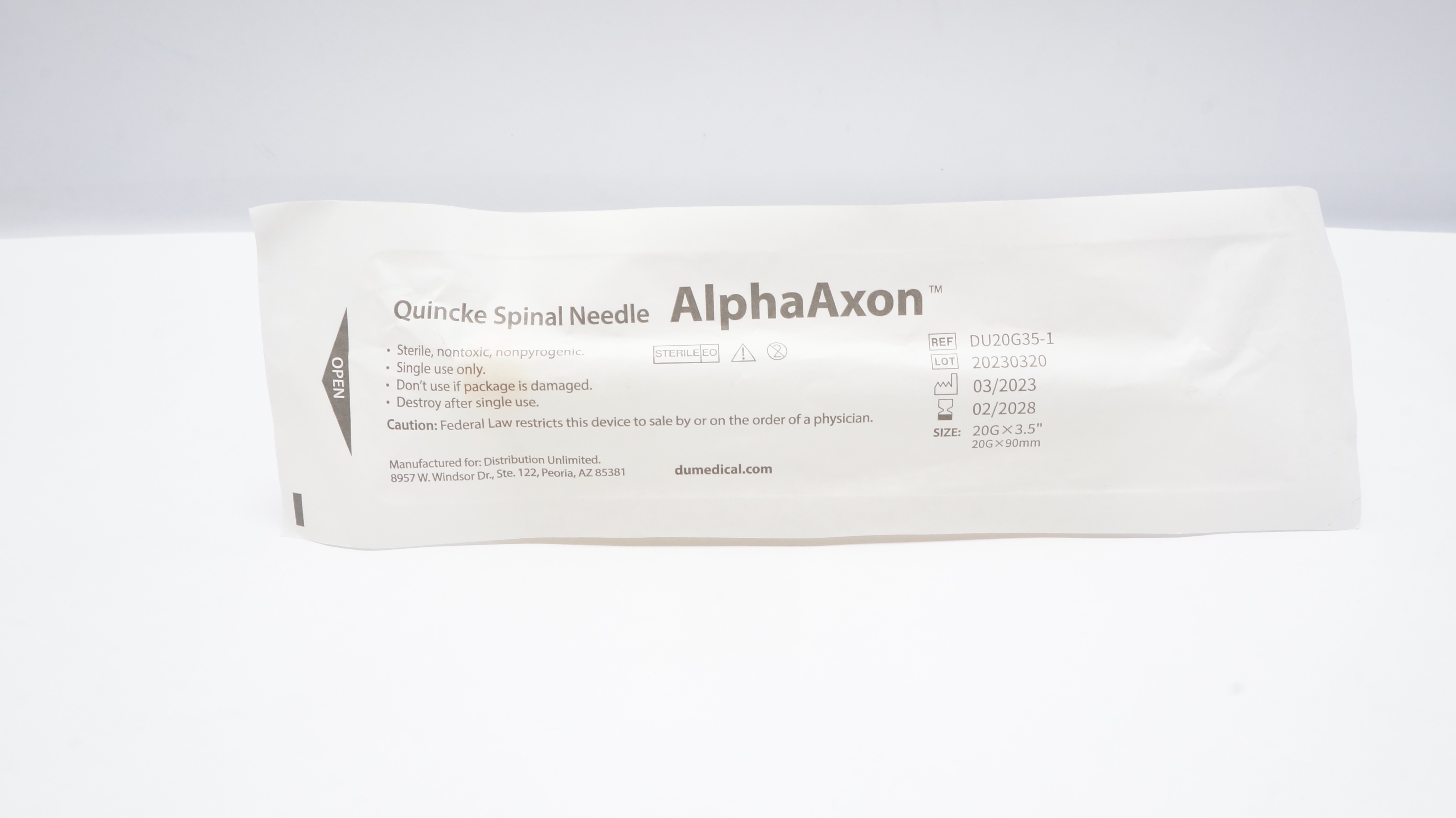 DUMedical DU20G35-1 AlphaAxon Quincke Spinal Ndle 20G x 3.5inch