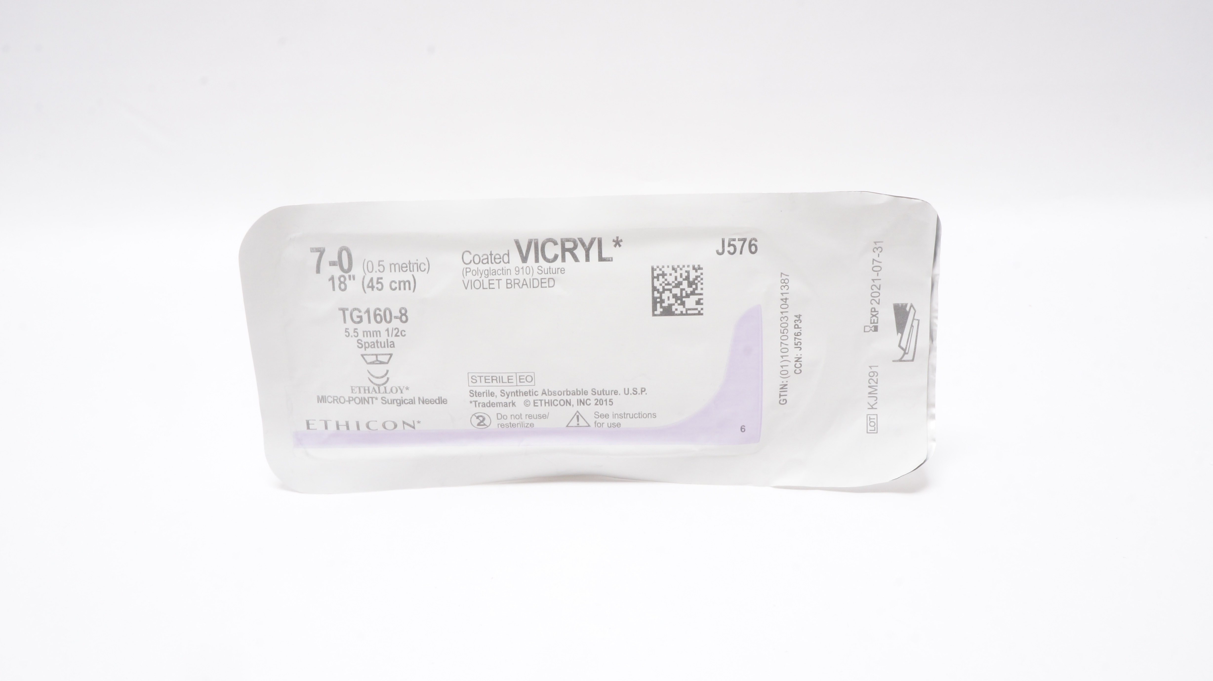 Ethicon J576 7-0 Coated VICRYL Stre TG160-8, 5.5mm 1/2c Spatula, 18inch (x)