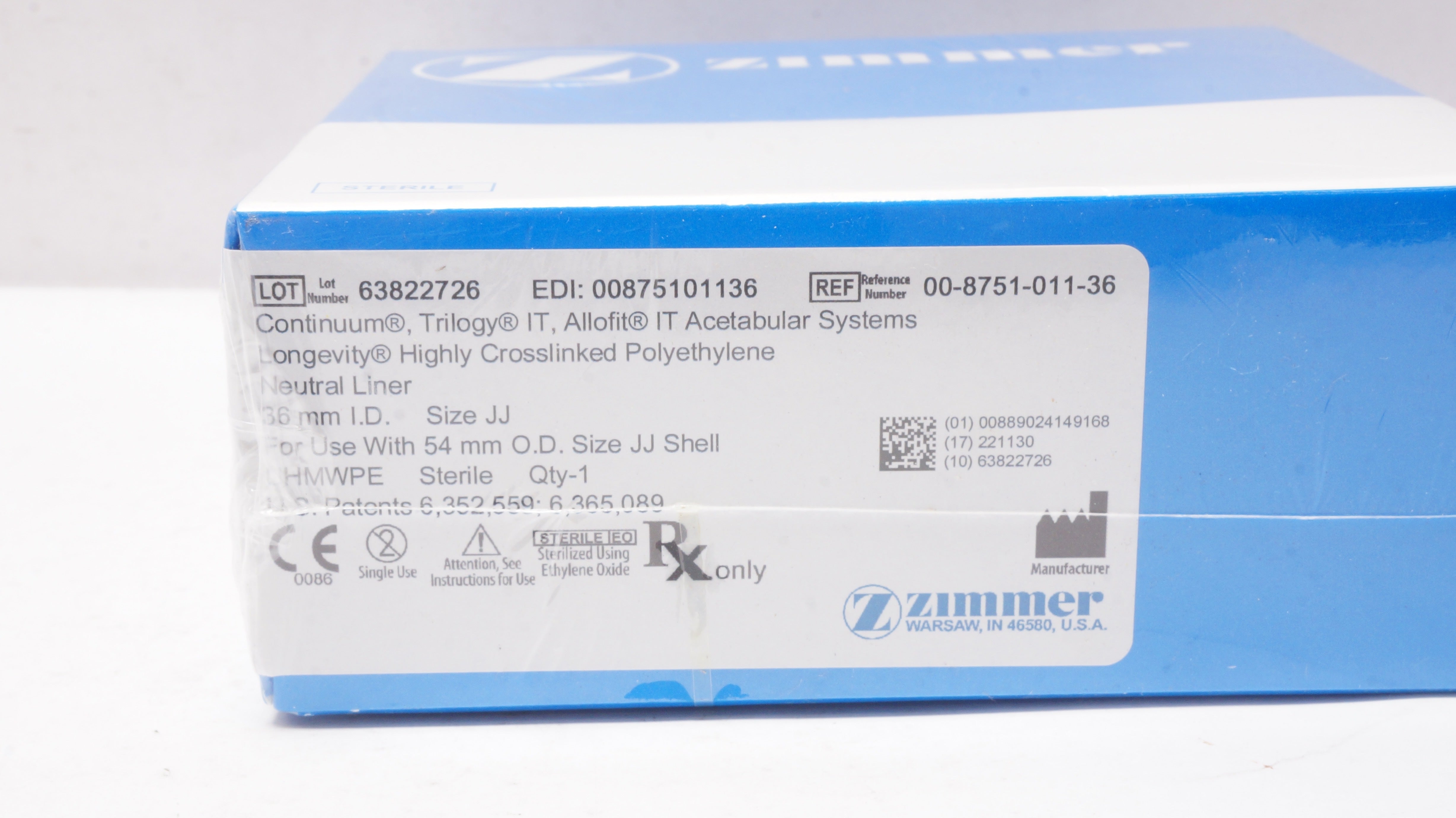 Zimmer 00-8751-011-36 Highly Crosslinked Polyethylene Neutral