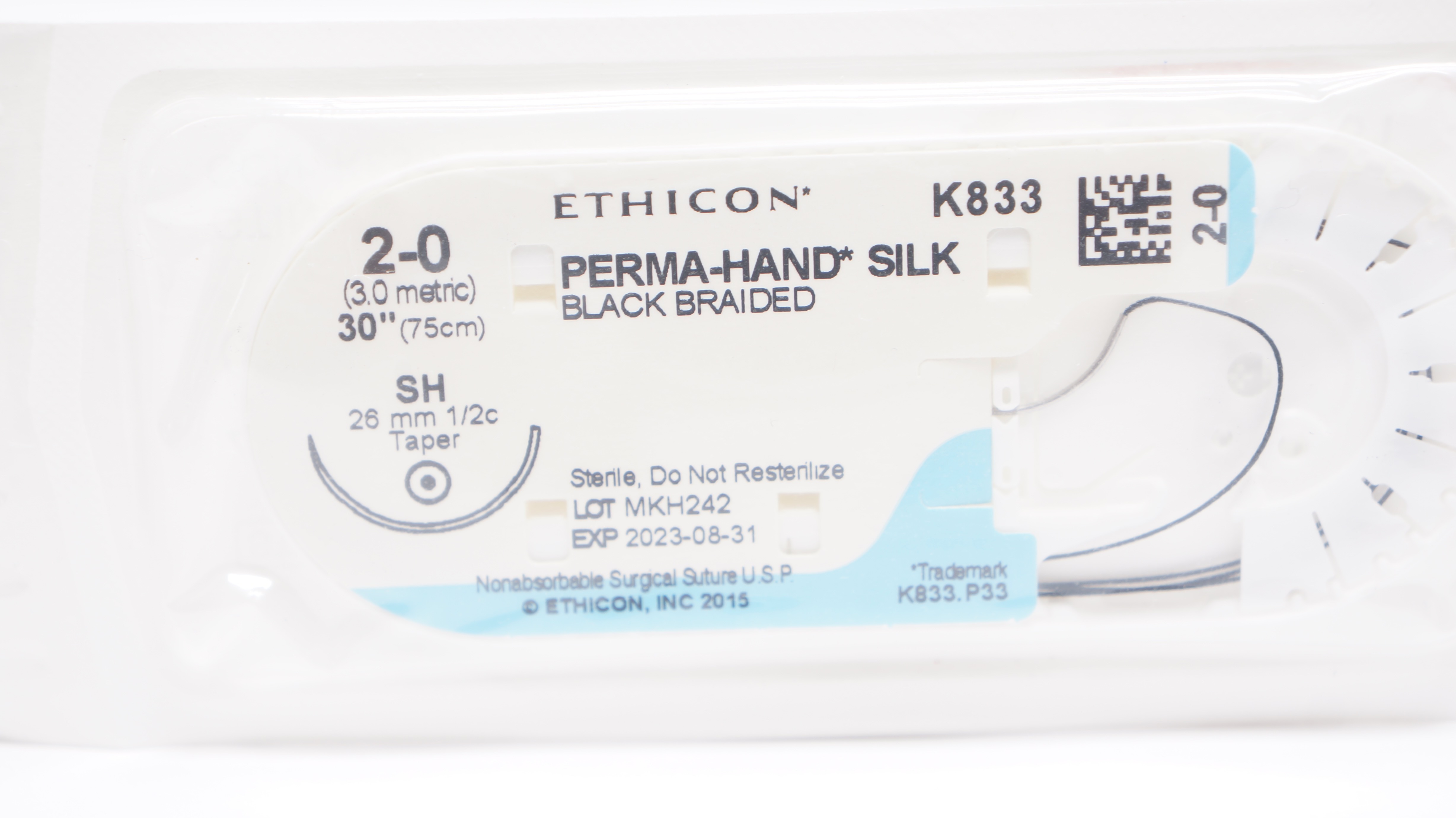 Ethicon K833 2-0 PERMA-HAND SILK Stre SH 26mm 1/2c Taper, 30inch (x)