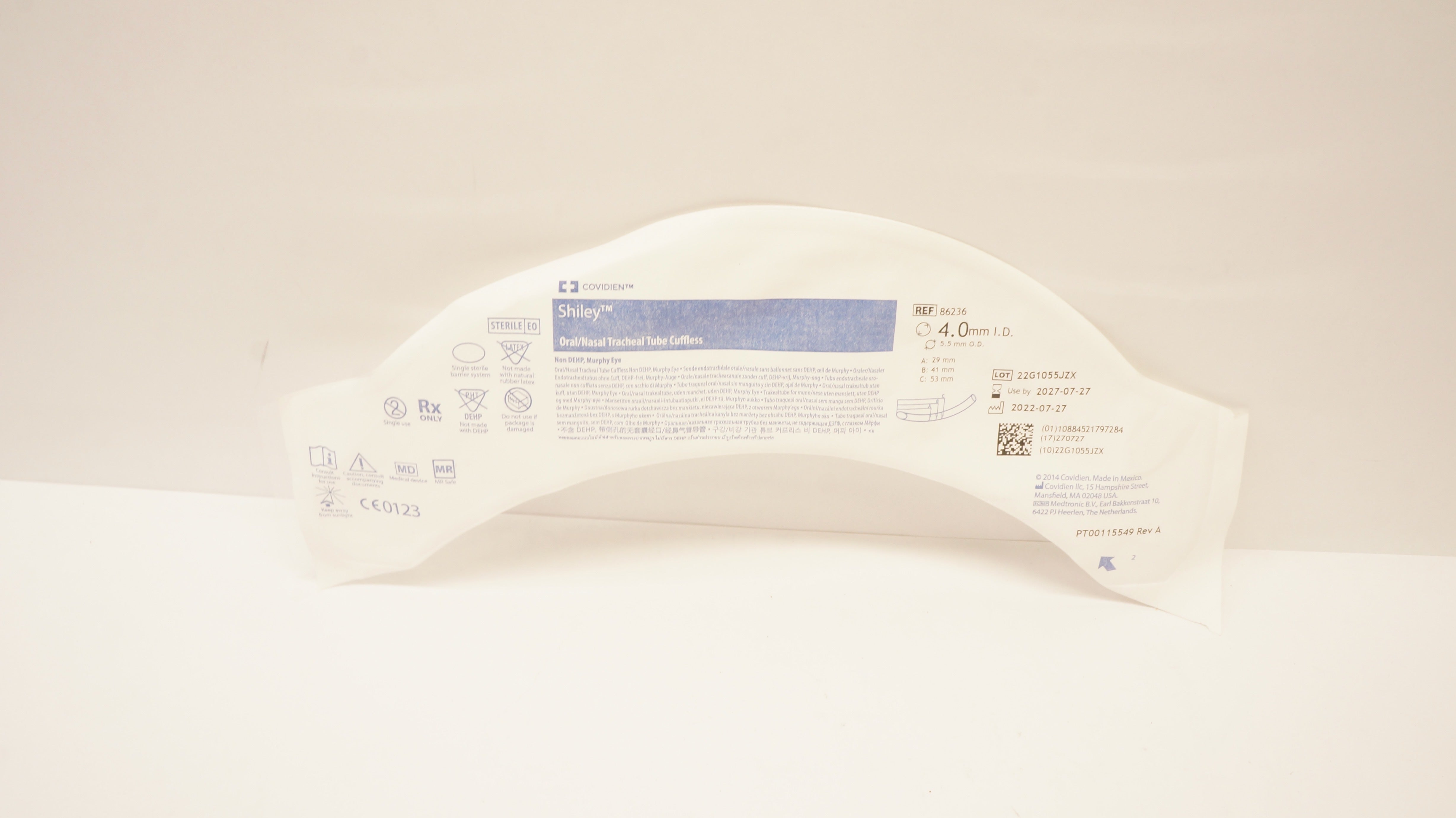 Covidien 86236 Shiley Oral/Nasal Tracheal Tube Cuffless 4.0m ID x 5.5mm OD