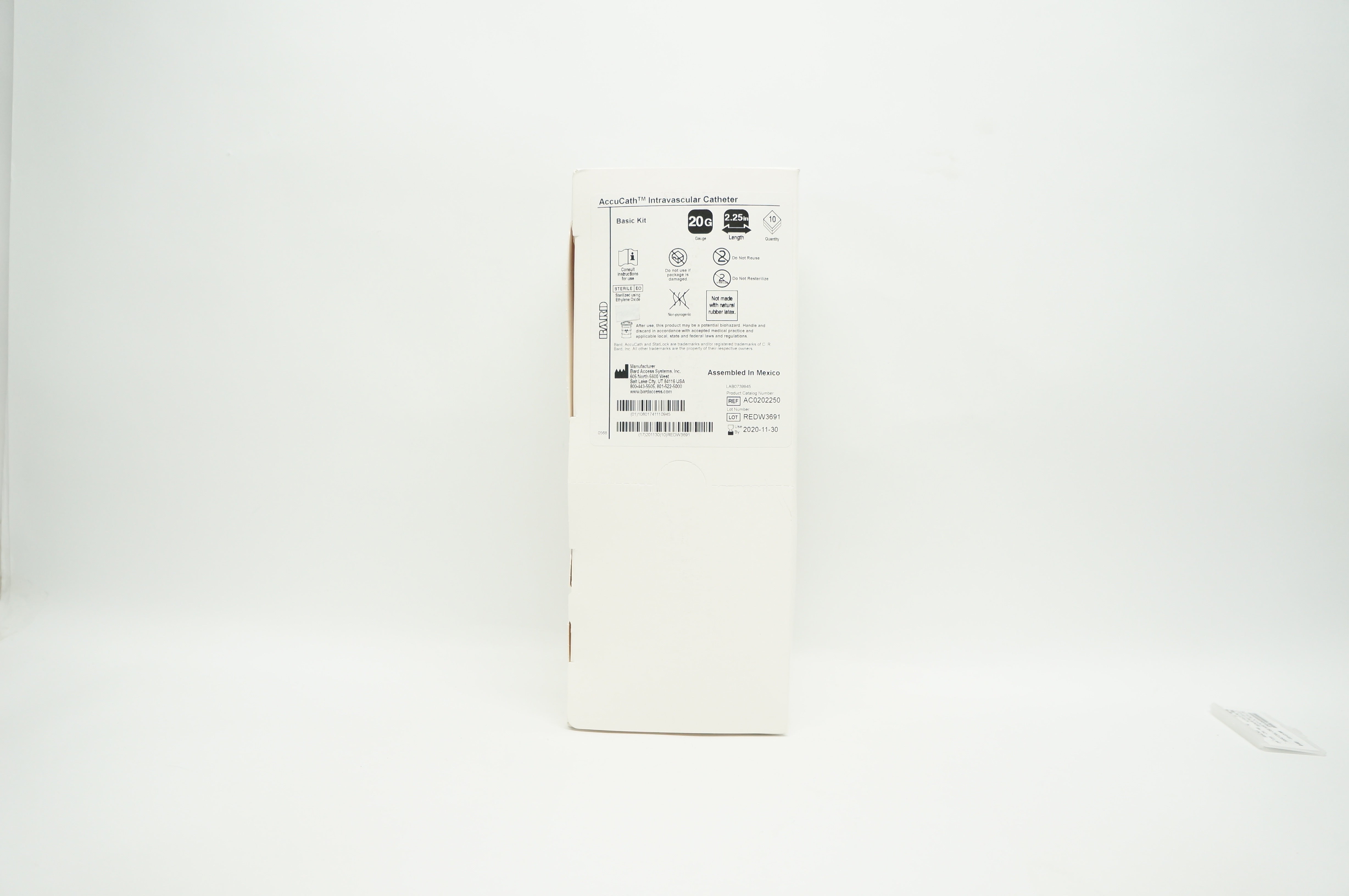 Bard AC0202250 AccuCath Intravascular Cath. 20G x 2.25 inch (x) - Box of 9