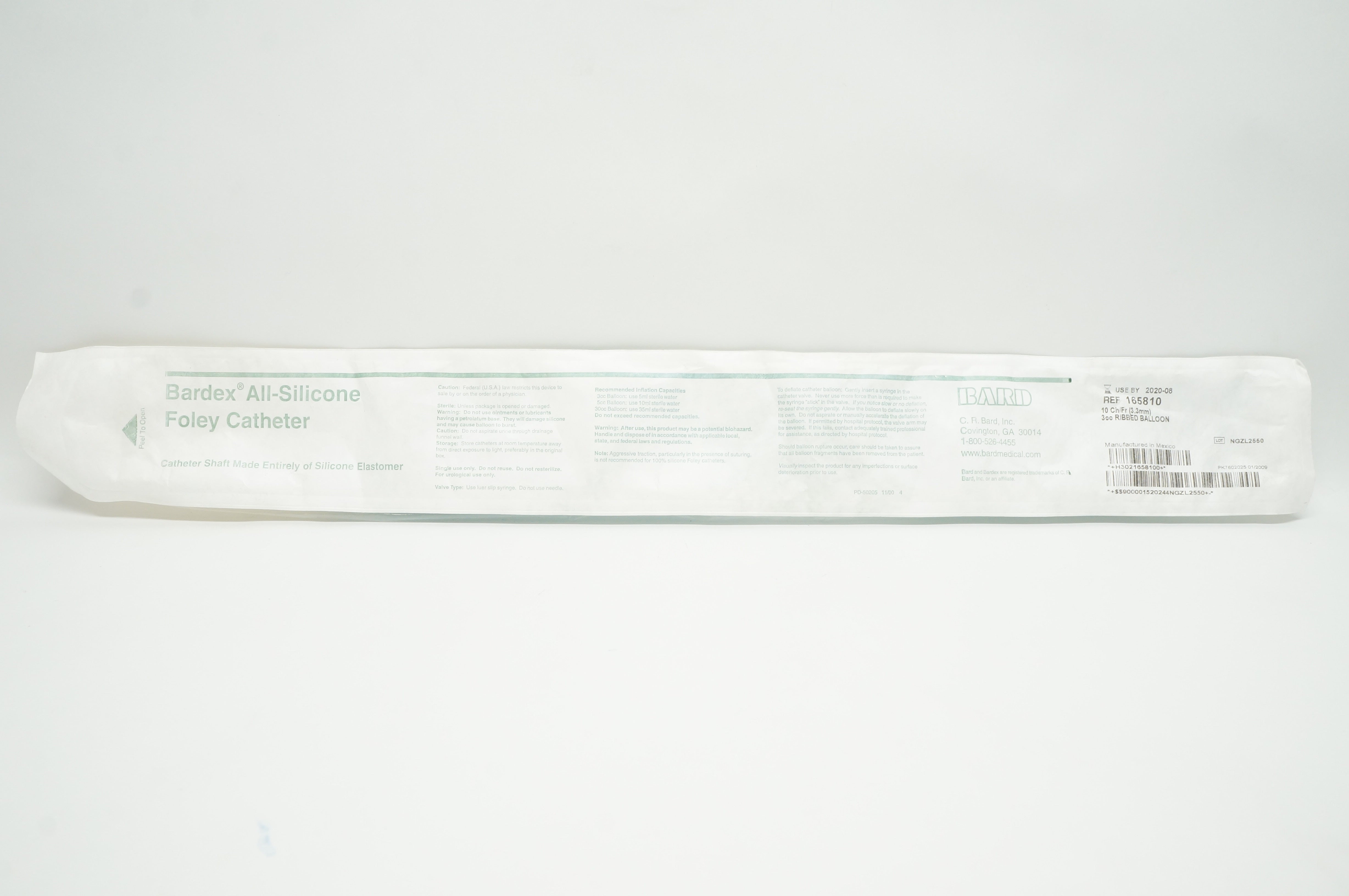 Bard 165810 Bardex All-Silicone Foley Cath. 10Fr  3cc Ribbed Balloon (x)
