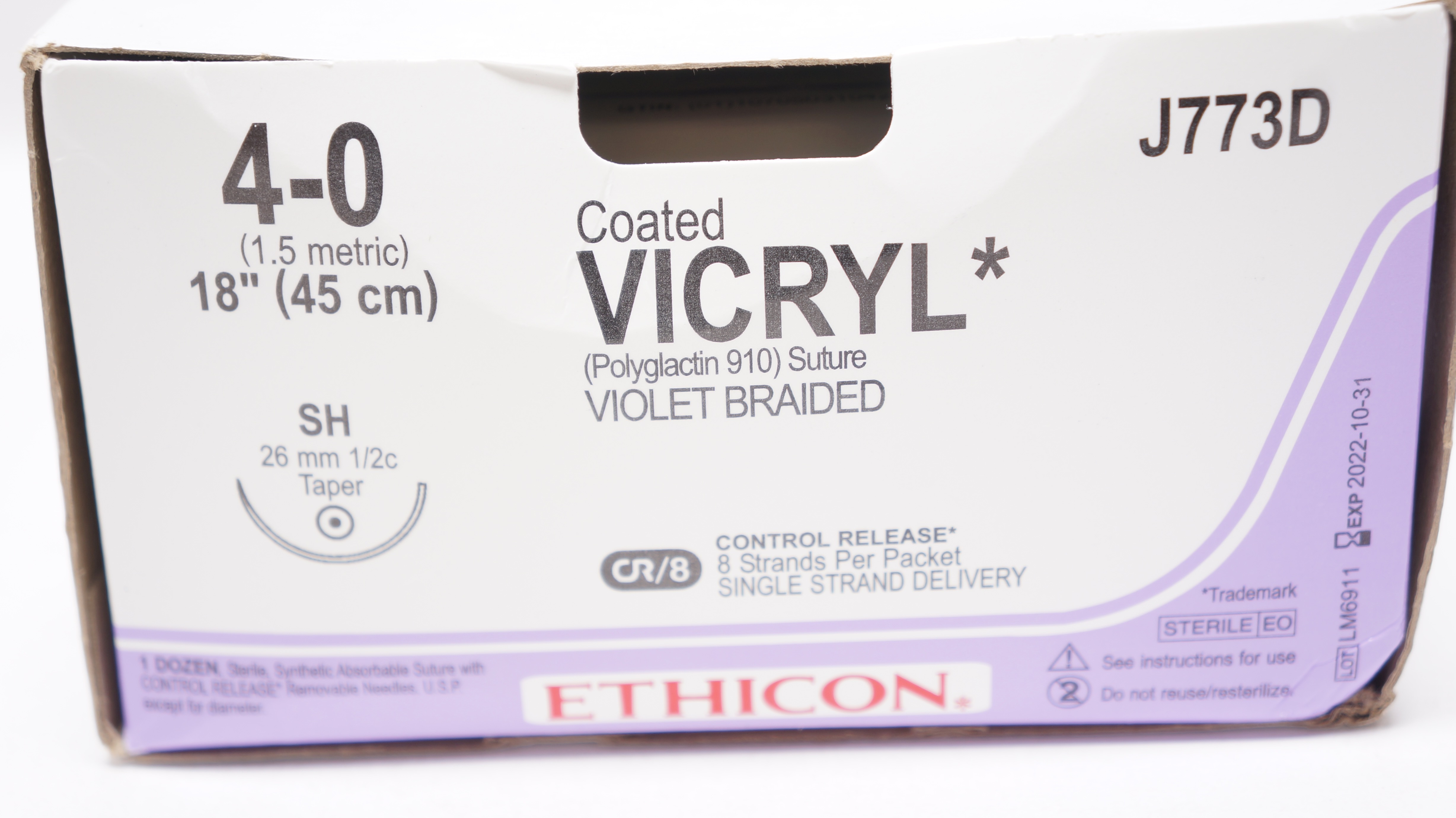 Ethicon J773D 4-0 Coated VICRYL SH 26mm 1/2c Taper, 18inch (x