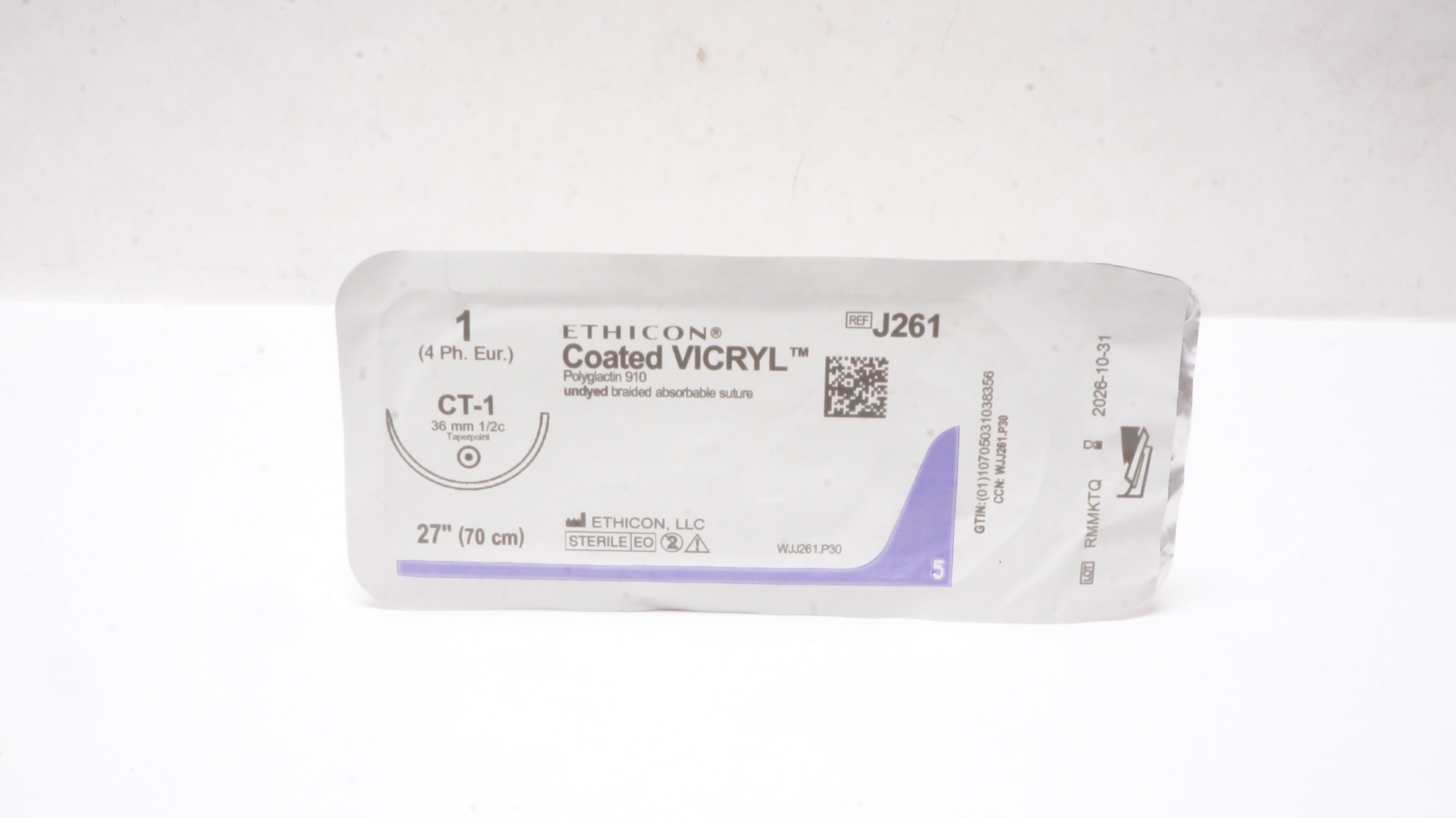 Ethicon J261 1 Coated VICRYL Stre CT-1 36mm 1/2c Taperpoint 27inch