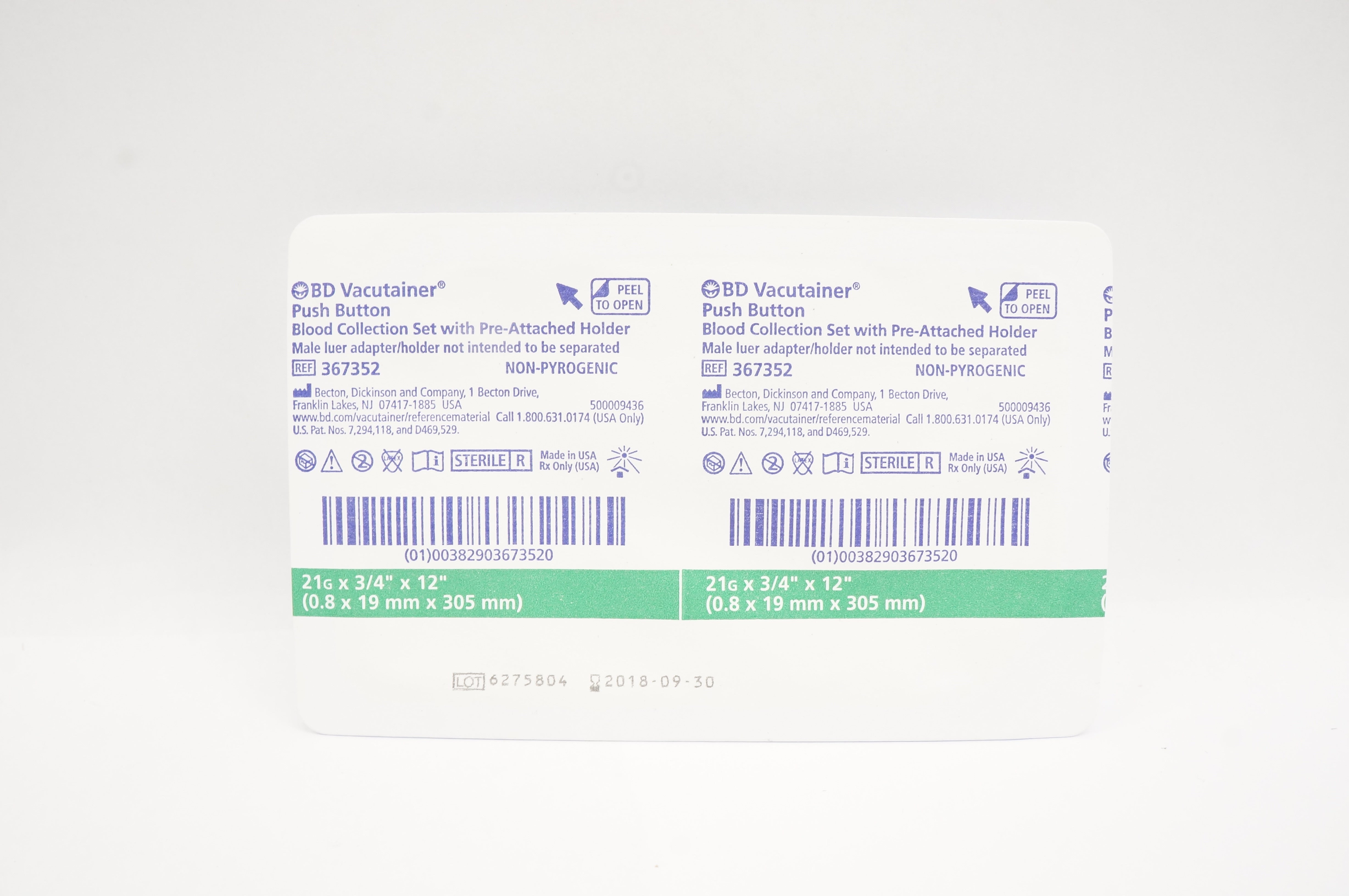 BD 367352 Vacutainer Push Button Blood Collection Set 21G x 3/4inch x 12inch (x)