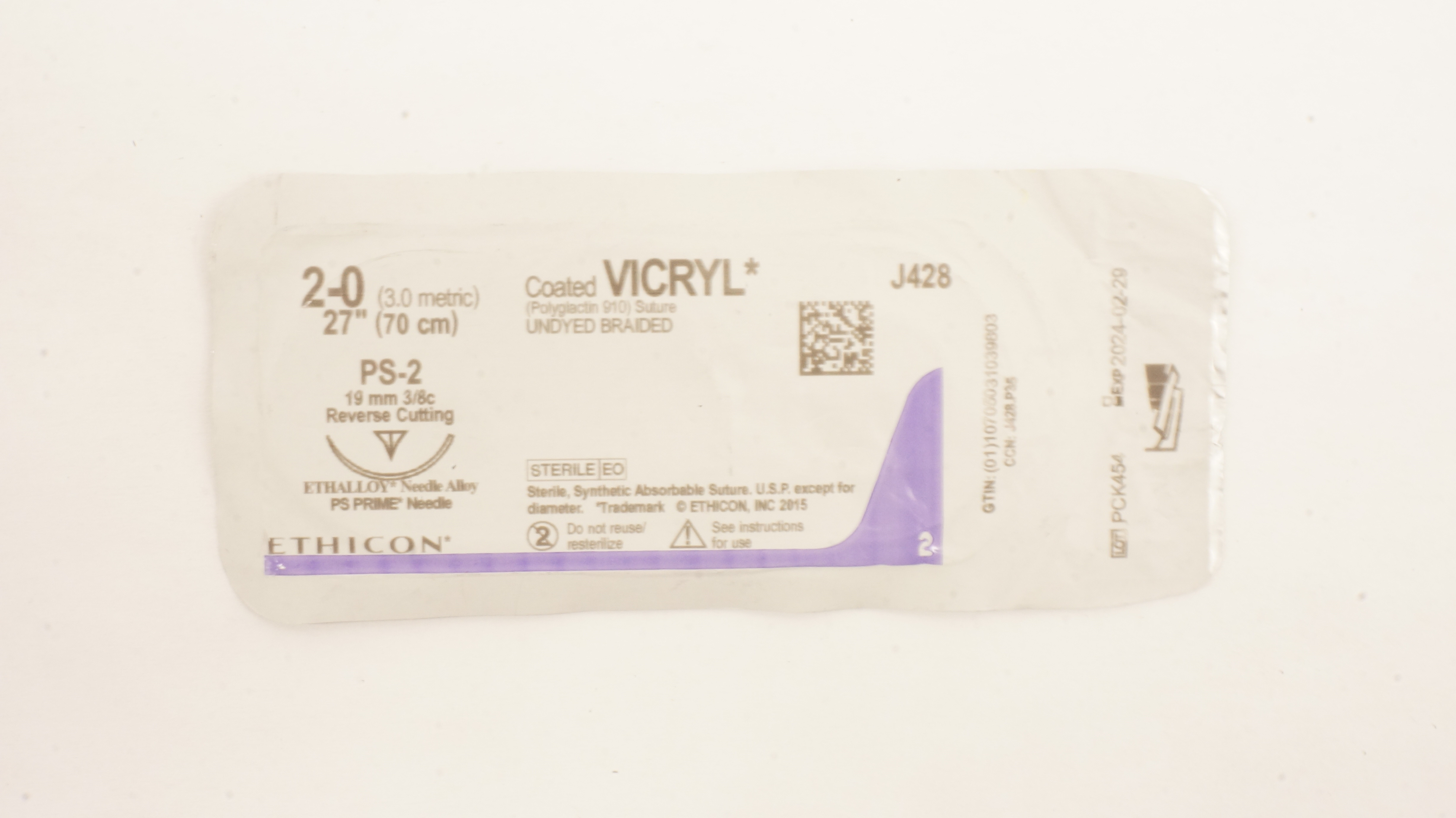Ethicon J428 2-0 Coated Vicryl Stre PS-2 19mm 3/8c Reverse Cutting, 27inch