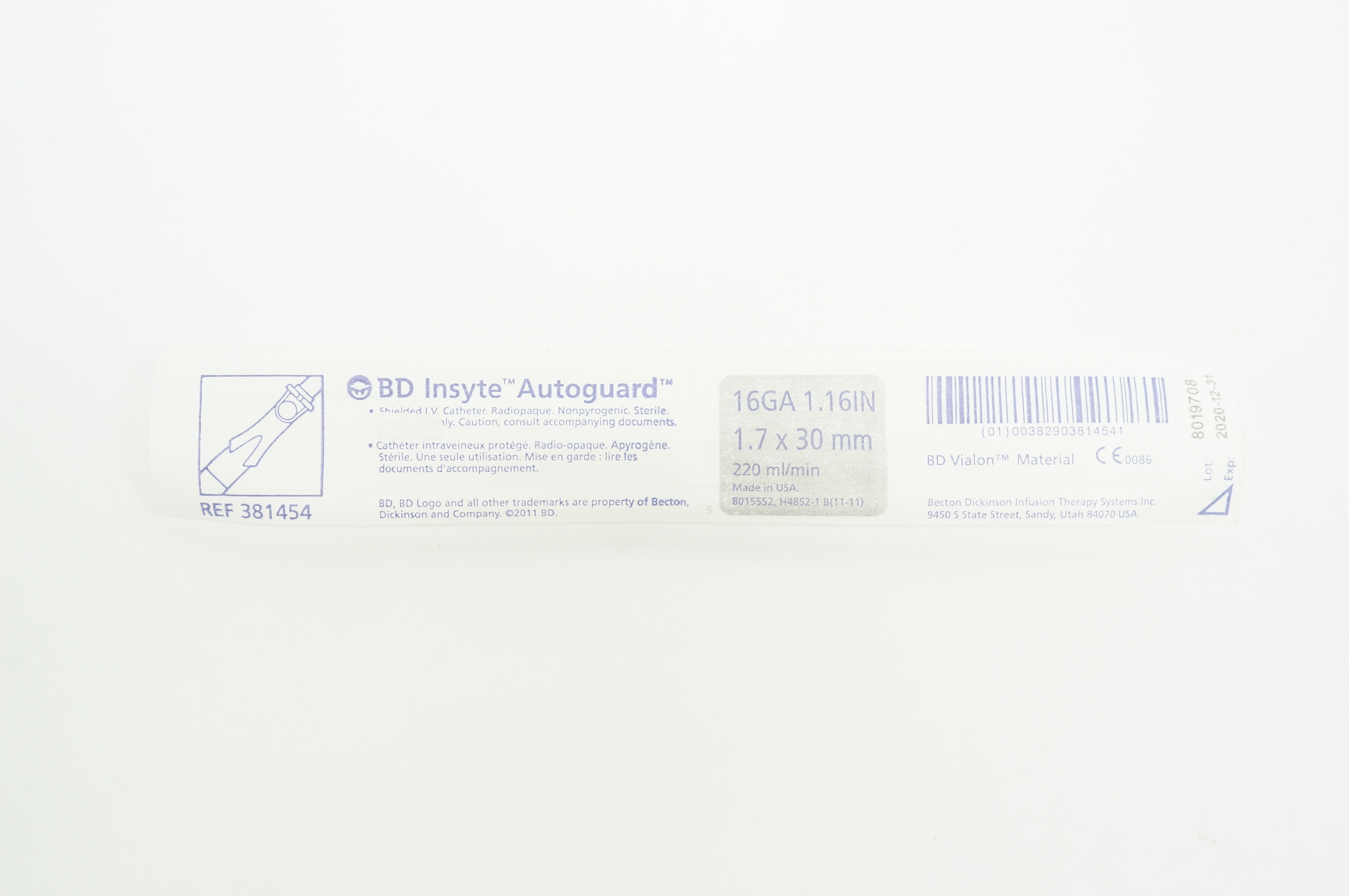 BD 381454 Insyte Autoguard Shielded I.V. Cath. 16GA x 1.16inch x 220ml/min (x)