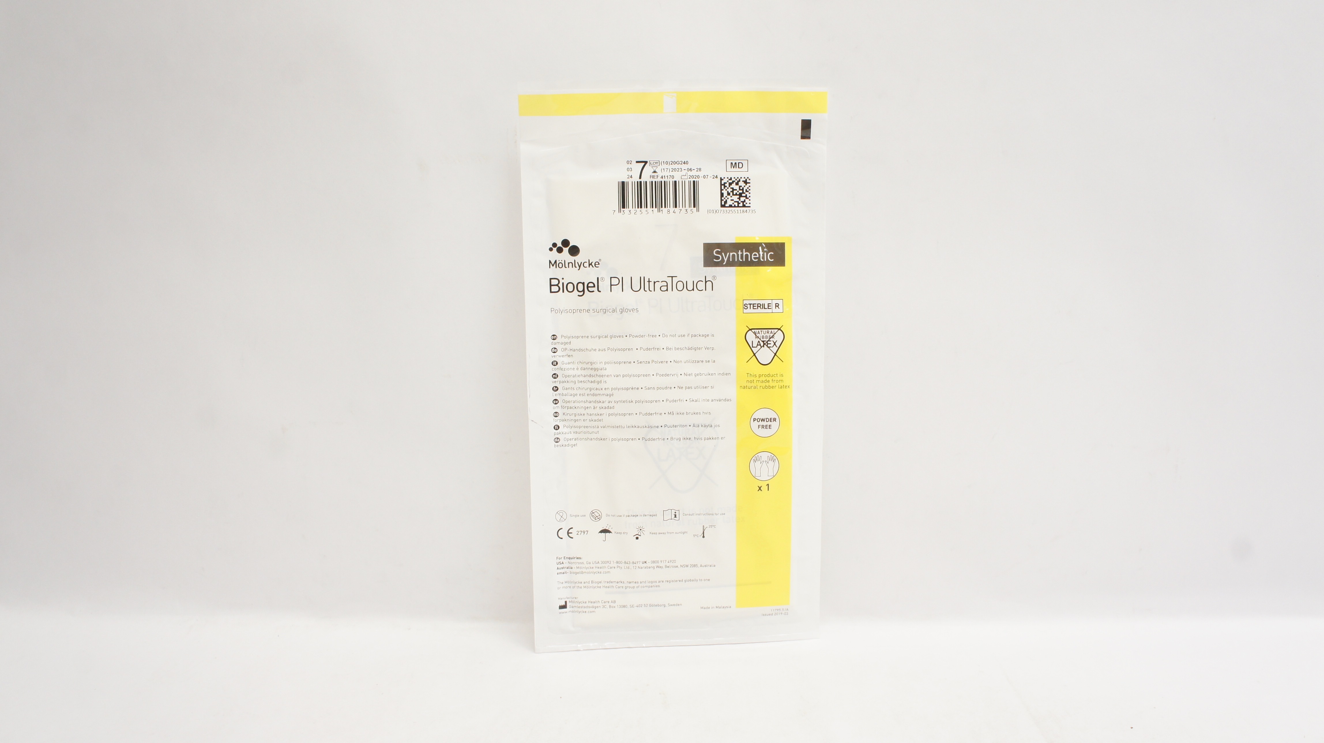 Molnlycke Healthcare 41170 Biogel Pl UltraTouch Synthetic Surgical Gloves Size 7
