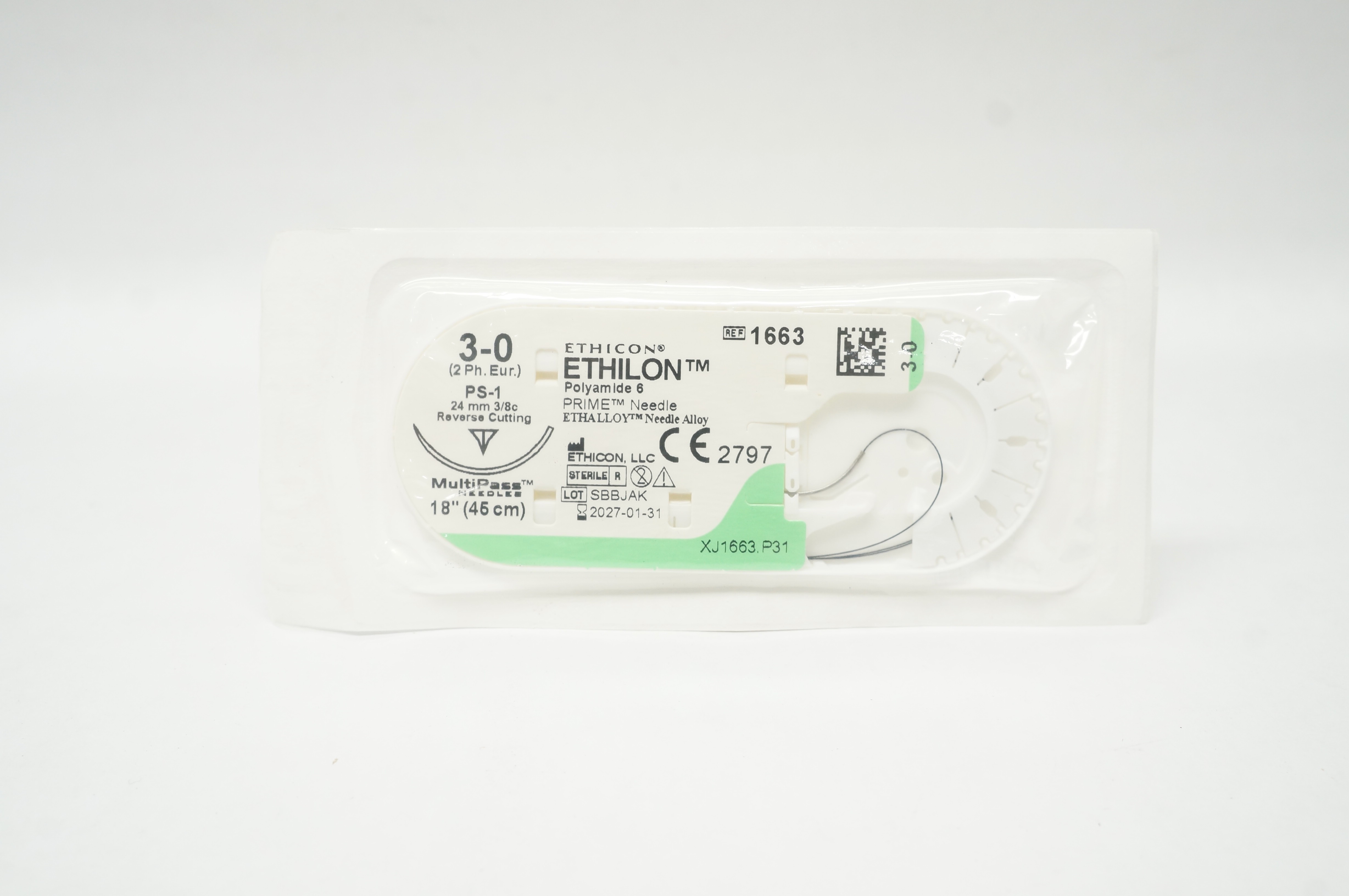 Ethicon 1663 3-0 Ethilon Polyamide6 Stre PS-1 24 mm 3/8c Reverse Cutting 18 inch